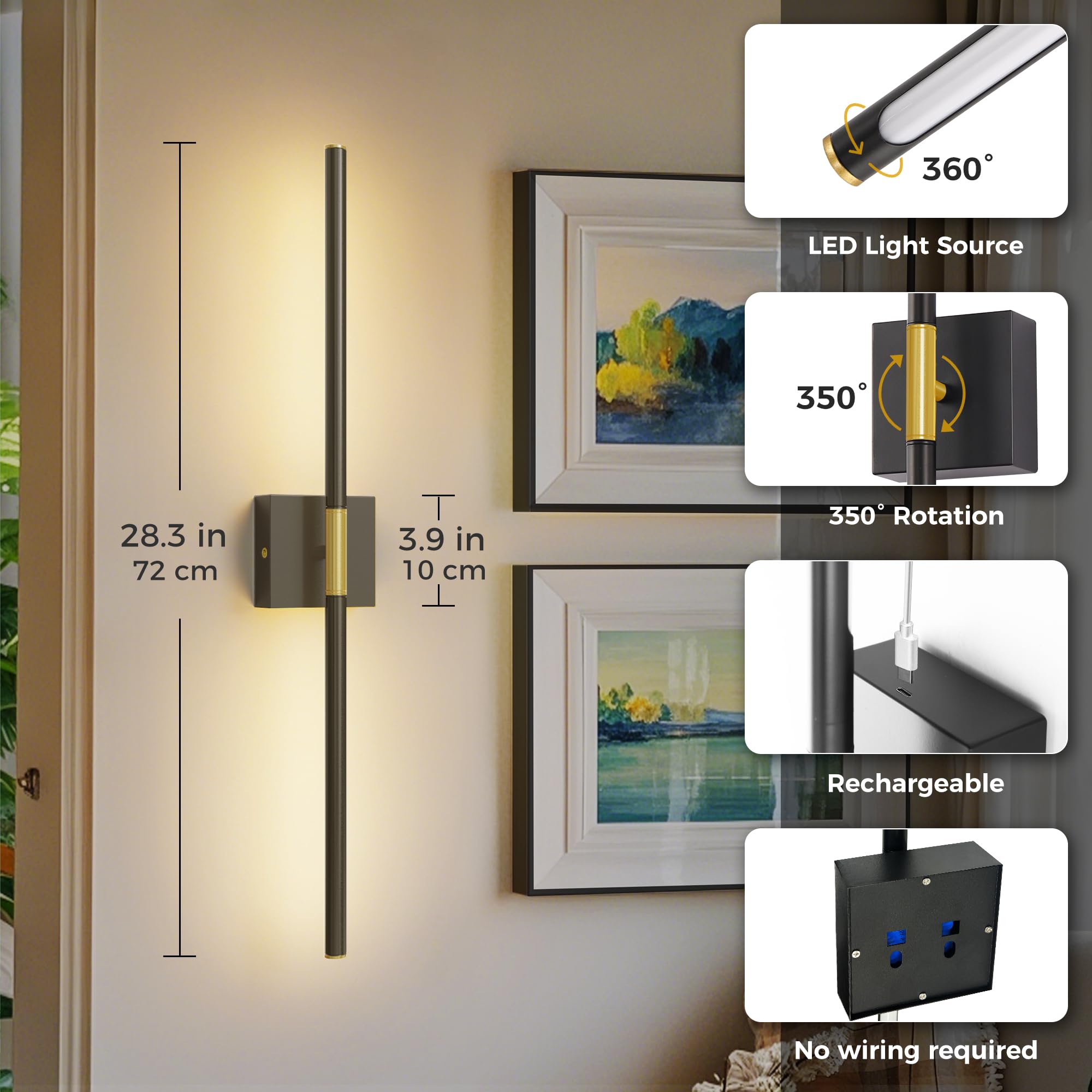 L LOHAS LED Battery Operated Wall Sconces Set of 2, 28.1in Gold & Black Aluminum, 3CCT Rechargeable Wireless Lights for Bedroom & Living Room