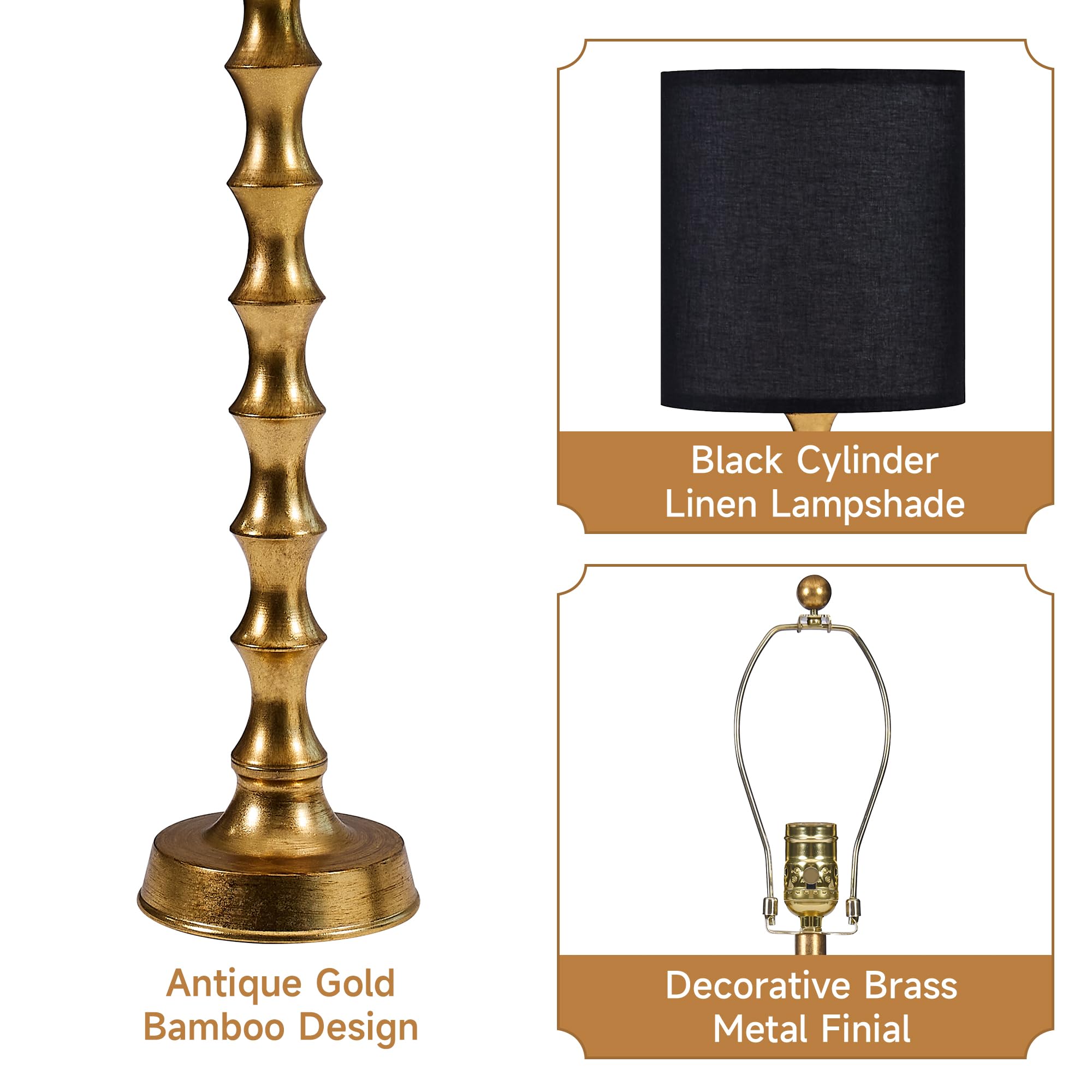 Euo 30.5" Gold Buffet Lamps Set Of 2 With Black Shade, Buffet Table Lamps Set Of 2 For Living Room, Black Gold Lamps For Dining Room, Gold Bamboo Lamps For Credenza, Black/Gold