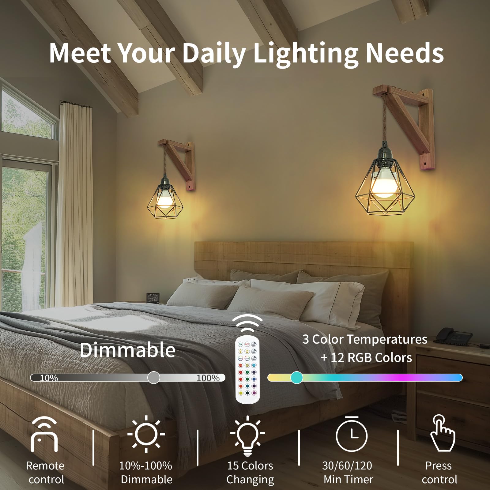 FRIDEKO Boho Wall Sconces Set of 2, Rechargeable, RGB Dimmable, Wireless Indoor Lights, Black Wood Finish