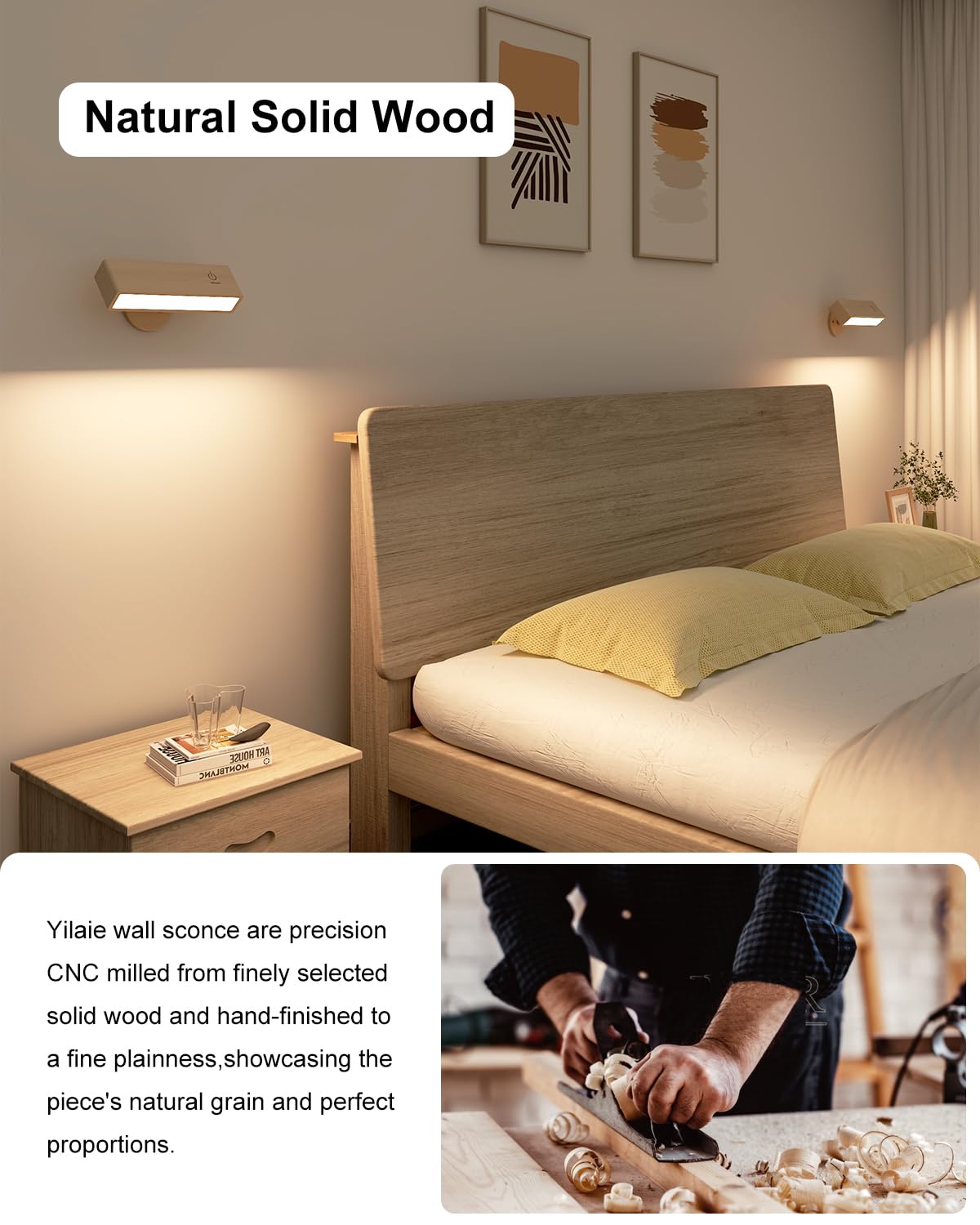 YiLaie Battery Operated Wall Sconce, Wood, Dimmable, Cordless Rechargeable, 1 Pack, Beechwood, Model EL-US-001