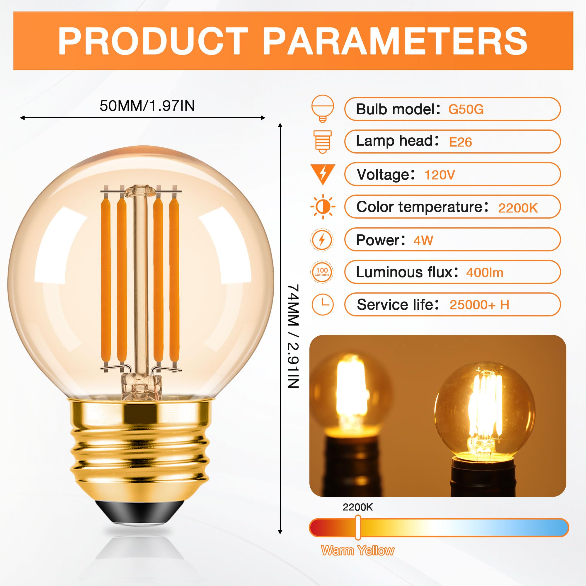 Tobegreat G16.5 Led Light Bulbs G50 Dimmable Globe Light Bulbs 4W(40 Watt Equivalent) 2700K Warm White 400Lm Candelabra Chandeli