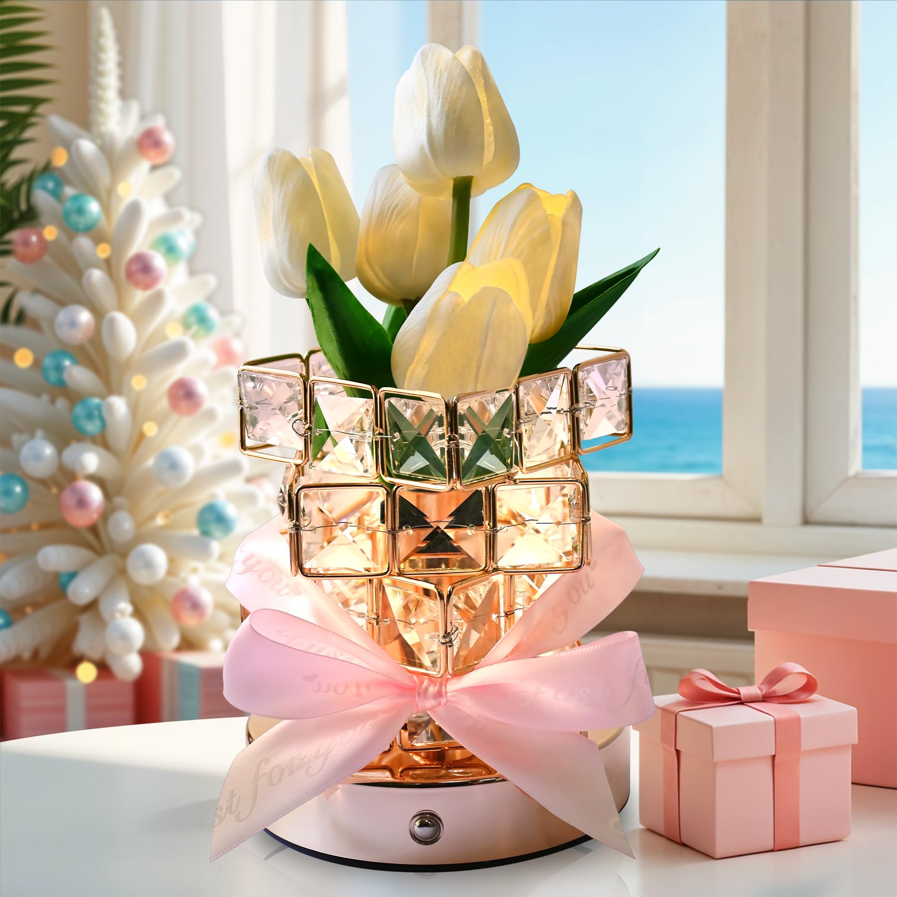 NuuNuy Mother's Day Gifts for Her, Birthday Gifts for Women,LED Tulip Cordless Night Light Dimmable Crystal Base with USB Charge
