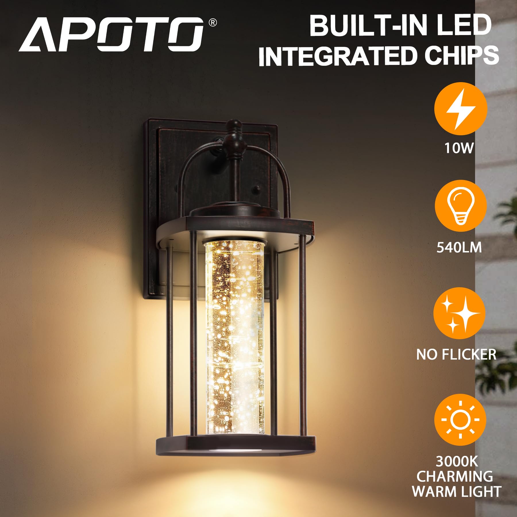 Apoto 1 Pack Dusk To Dawn Exterior Lighting Fixtures, 10W Led Modern Outdoor Wall Lights Sconce With Crystal Bubble Glass,Antiqu