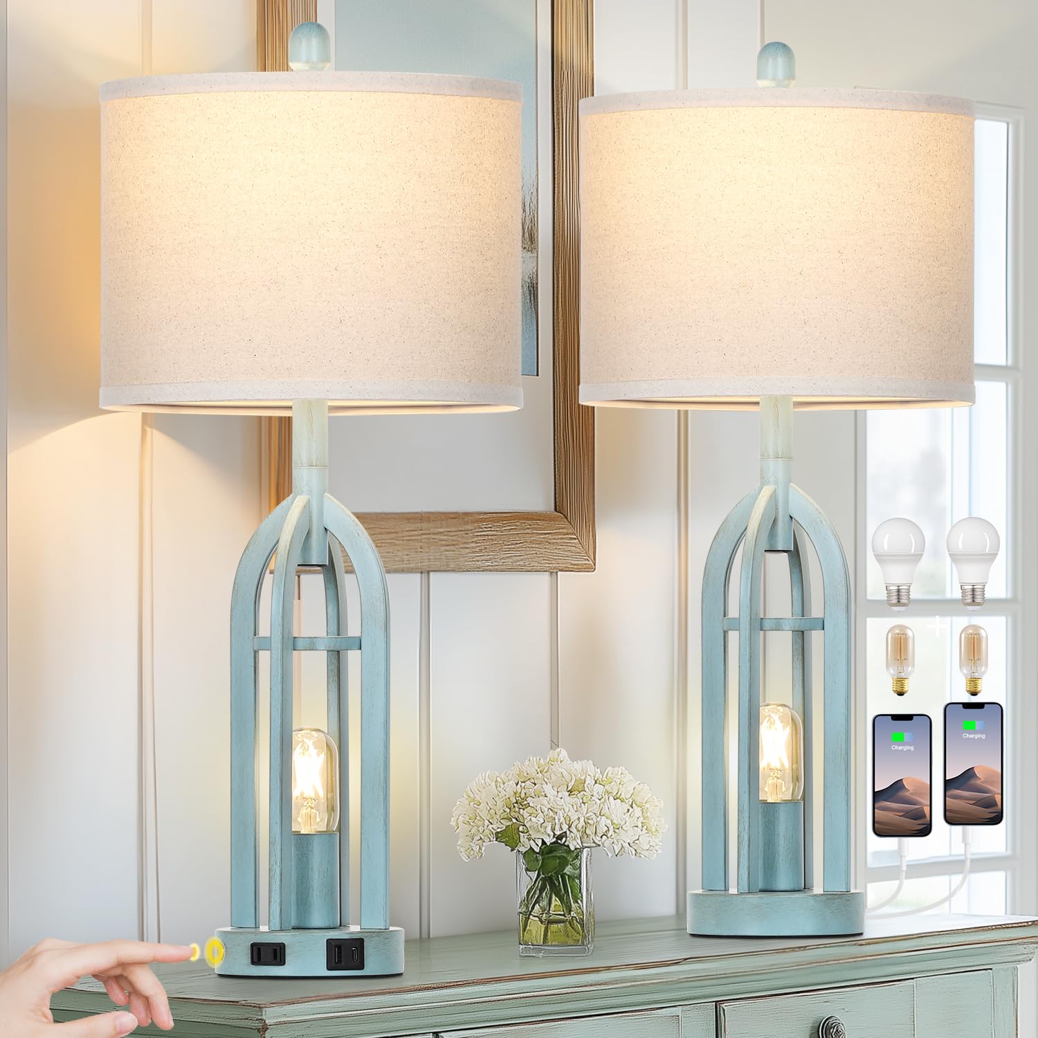 Cinyirong 27" Blue Farmhouse Table Lamps Set of 2 with USB & AC Outlet, Retro Fabric Shade, Model TD-CY-462