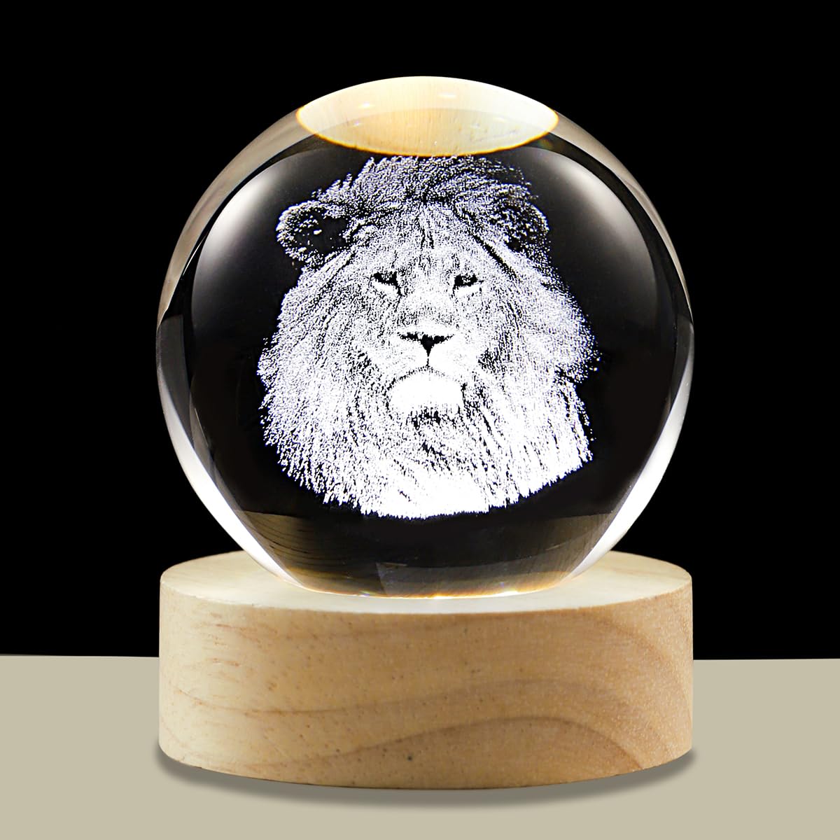 Hochance 3D Lion Crystal Ball Lamp With Adjustable Brightness Led Wooden Base Night Light For Kids Teens mature-themeds Birthday Gift Home Desk Office Bedroom Decor (6Cm / 2.4 )