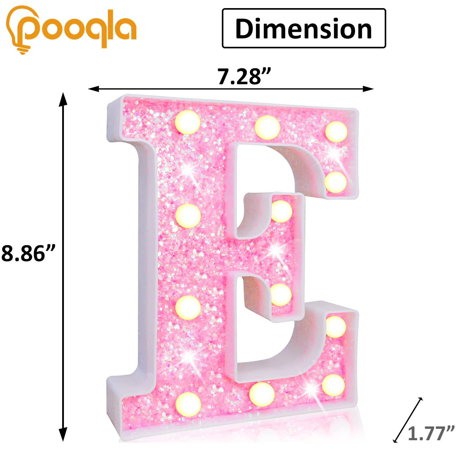 Pooqla Led Marquee Letter Lights, Light Up Pink Glitter Alphabet Letter E Sign Battery Powered For Night Light Birthday Party Wedding Girls Gifts Home Bar Christmas Decoration