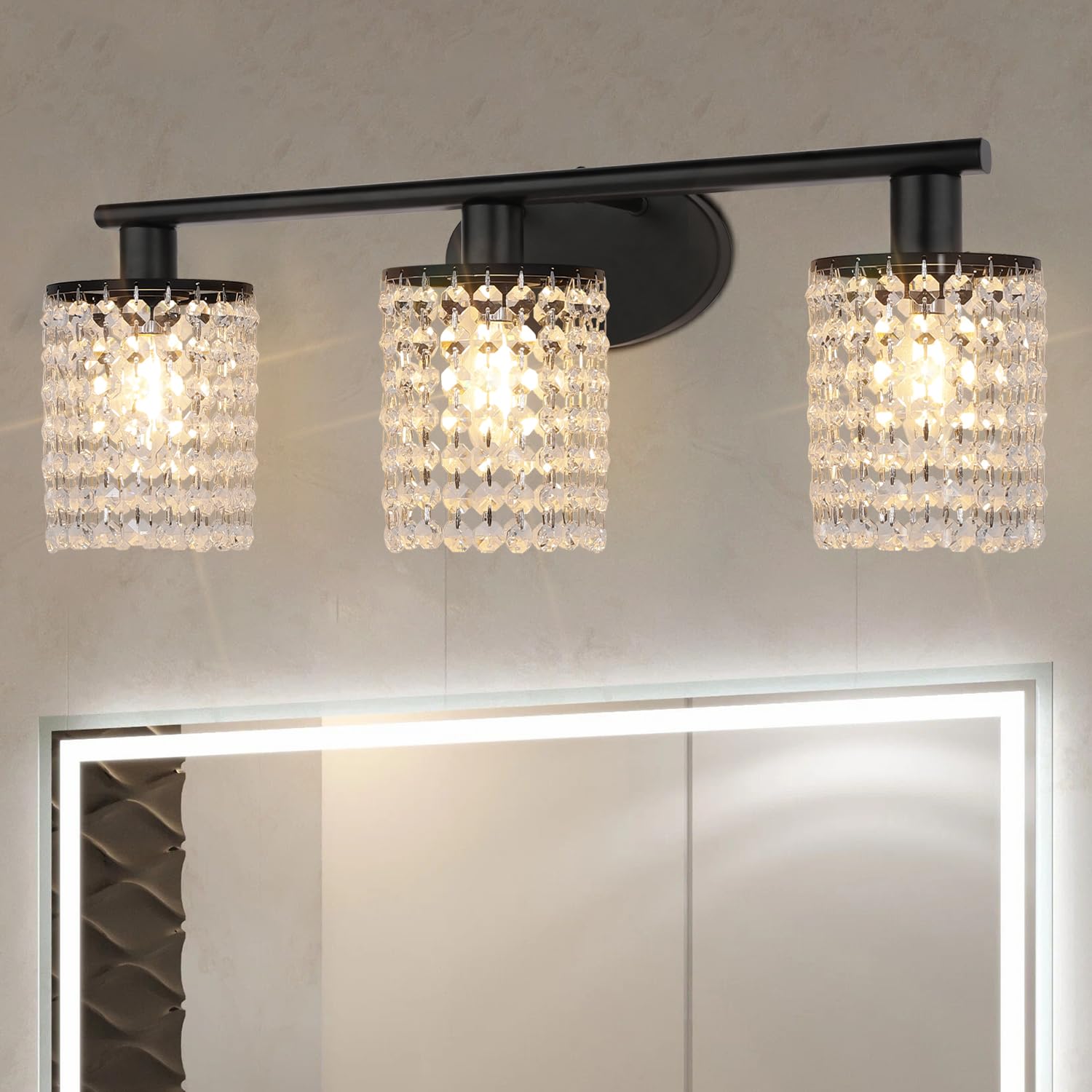 TISLYCO 3 Light Bathroom Vanity Fixture, Crystal Drop Wall Lamp, Black Metal