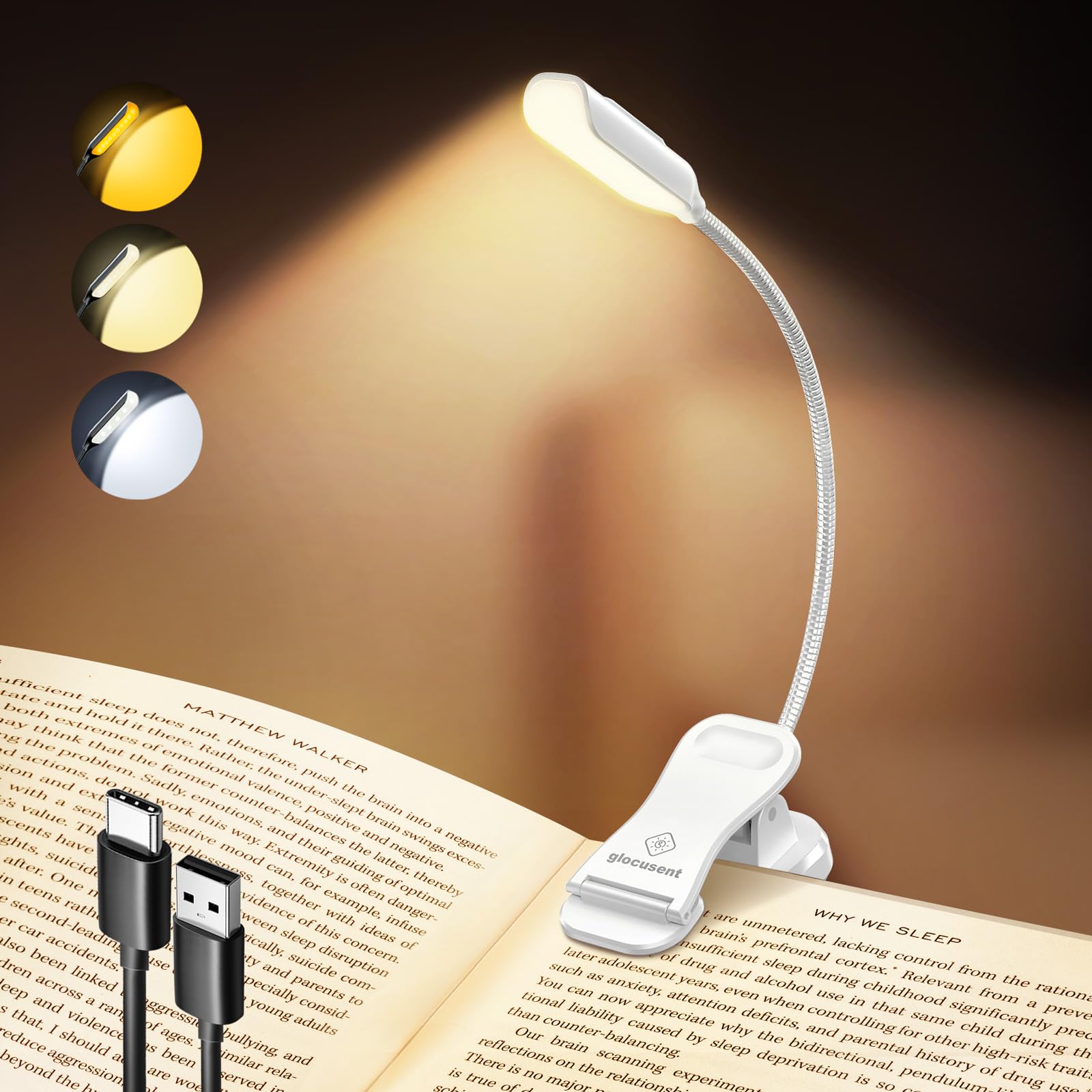 Glocusent Willow Book Light, 10Led, 3 Colors & 3 Brightness, Rechargeable, Lightweight, Clip On, Modern Design, Pure White, Abs
