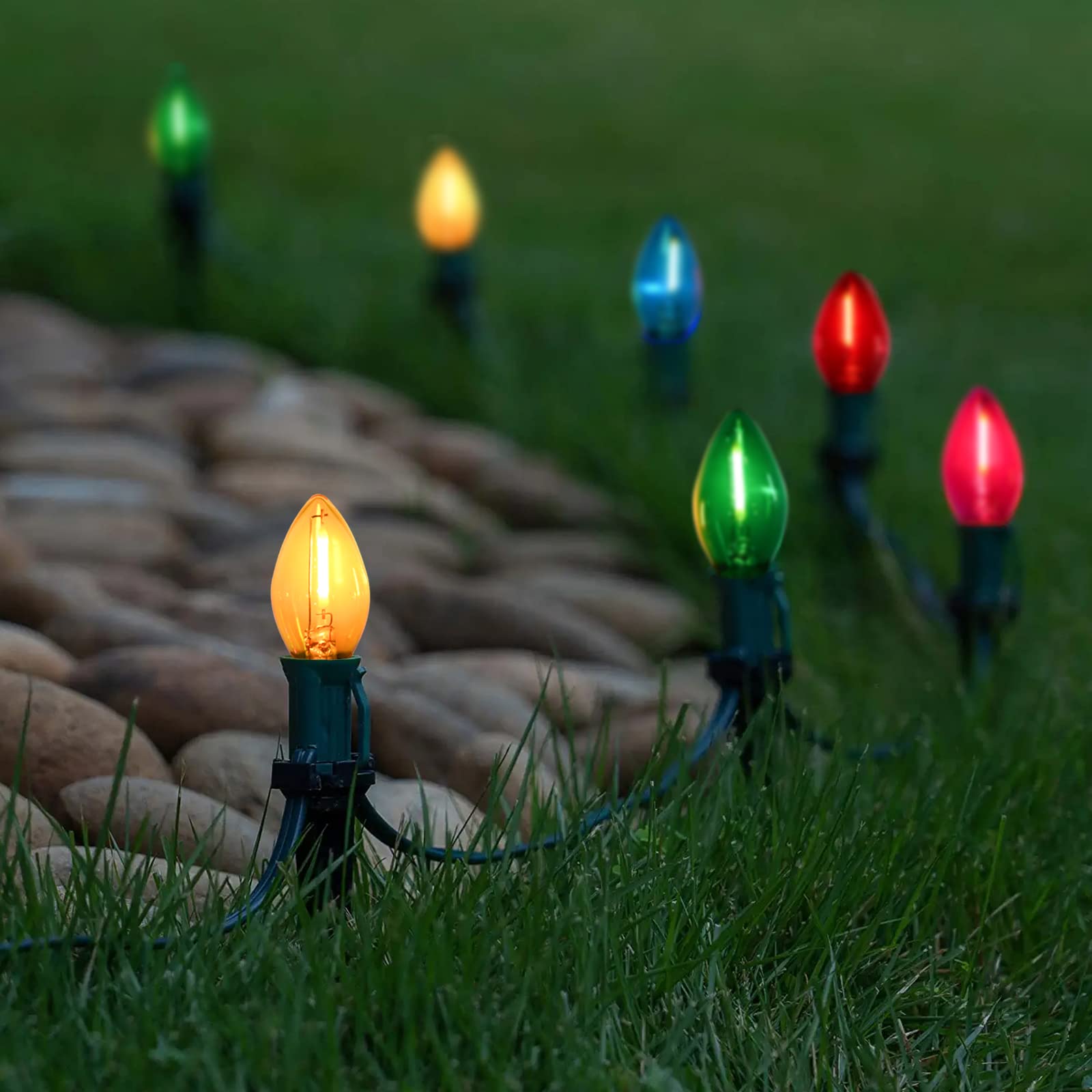 GOOTHY C7 Christmas Lights - 25Ft Multicolor LED String Lights, Clear Bulbs, Vintage Outdoor Patio Decor, Green Wire