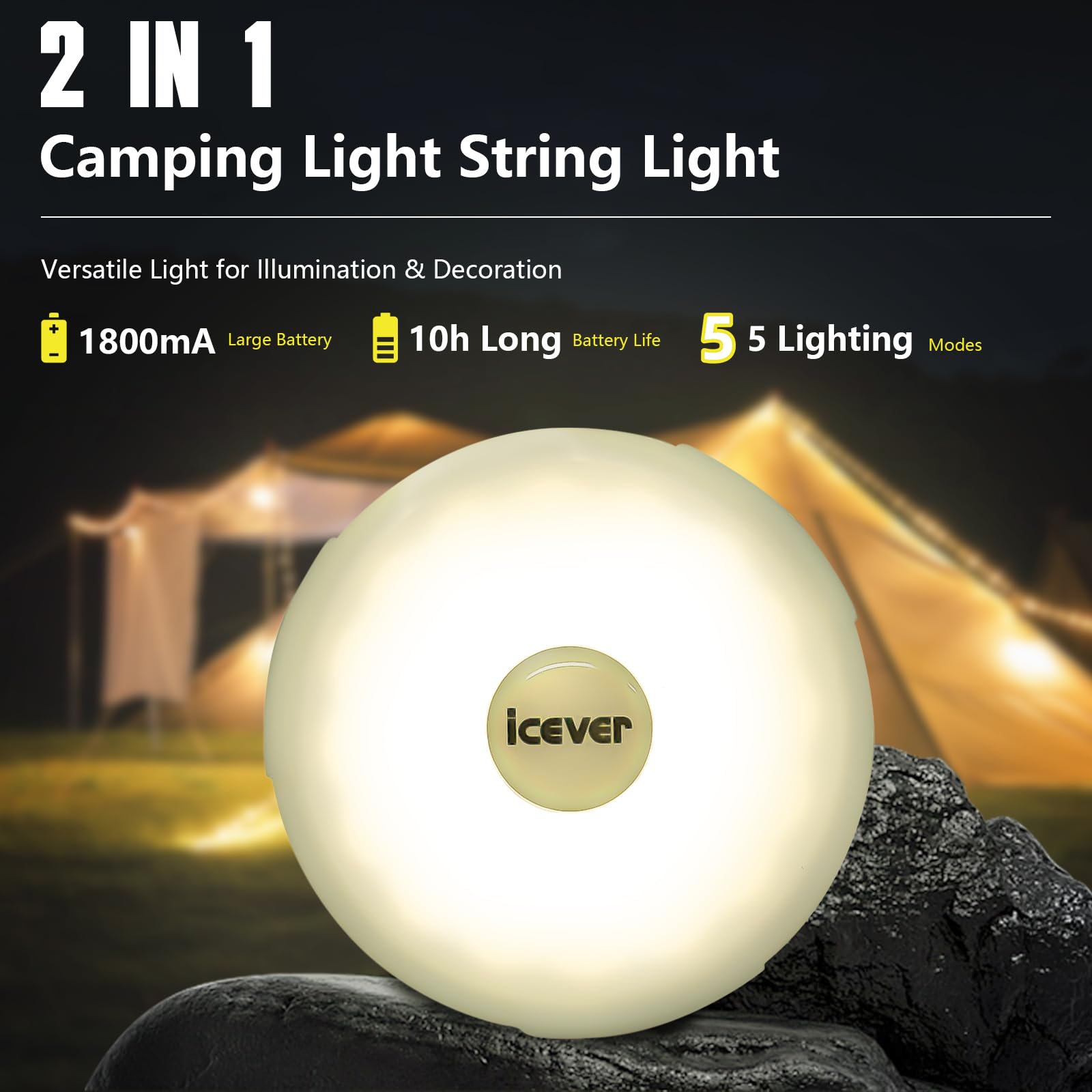 Icever Camping String Lights, 32.8Ft Rechargeable Waterproof Hanging Lamp Portable Led Light For Outdoor Camping Awning Tent Gar