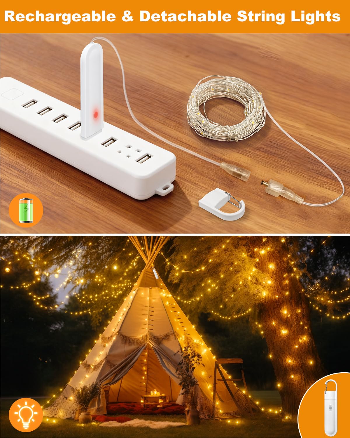 btfarm Rechargeable Fairy Lights, 33FT 100LED, Remote & Timer, 8 Modes, Waterproof, Warm White, 1 Pack