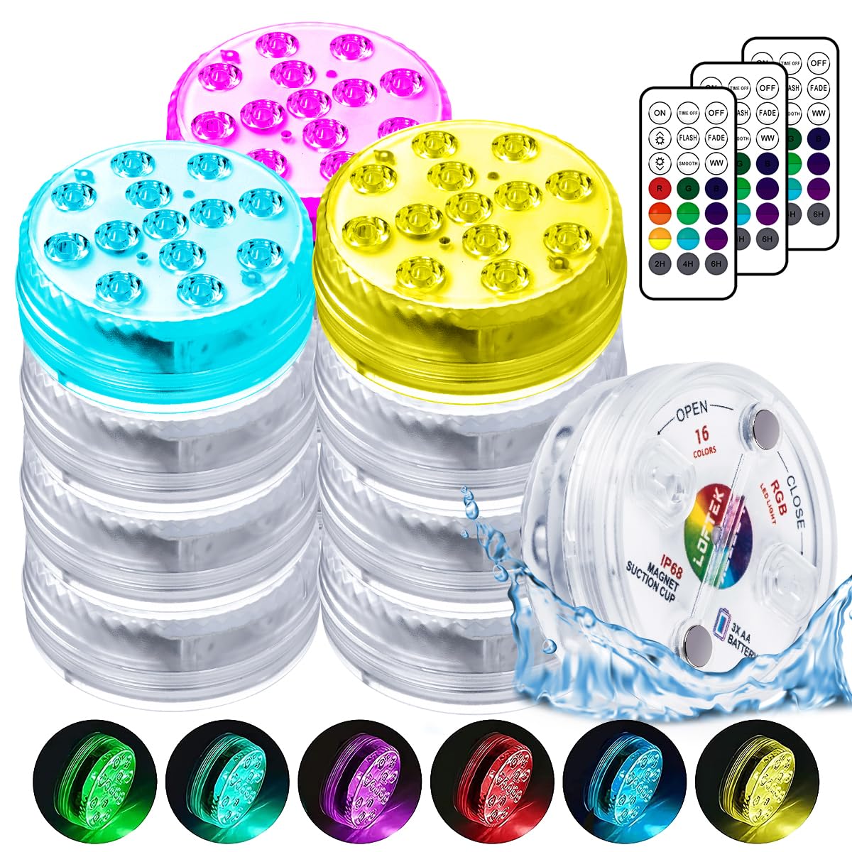 LOFTEK Submersible LED Pool Lights, Waterproof, 12 Pack, Battery Operated, White, with Remote, Magnets & Suction Cups