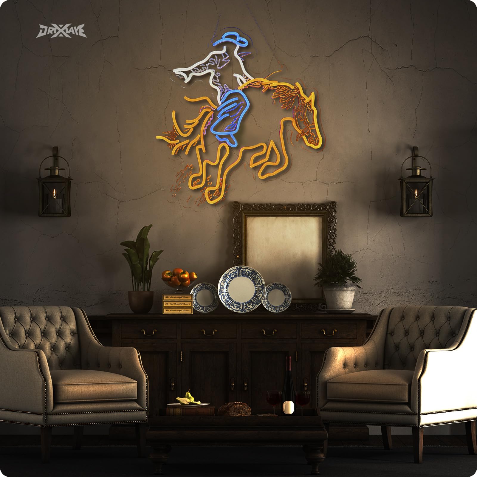 ORIXIAYE Cowboy Neon Sign for Wall Decor, 22.5x21.4 in, Acrylic, Blue + Yellow, Model ORIXIAYE-A, Teen Room, Home Art