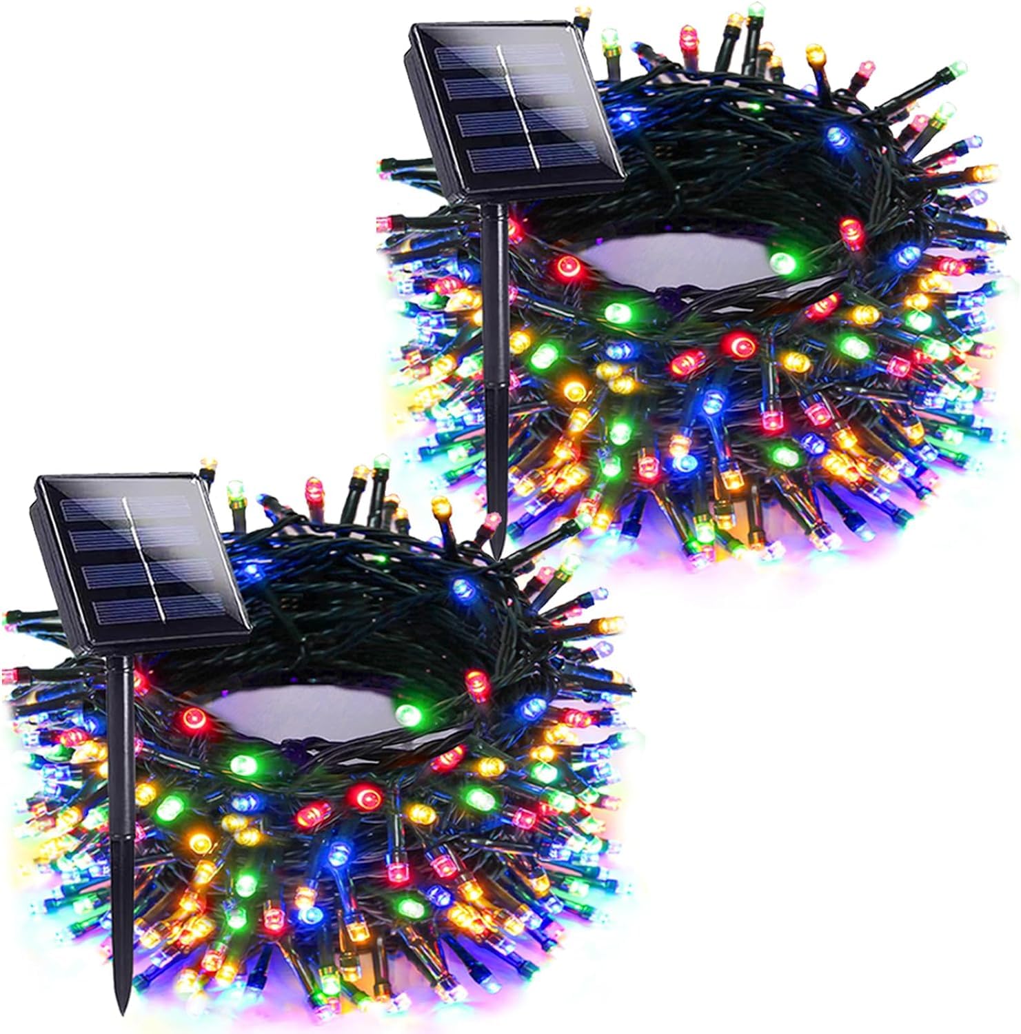EXF Solar Christmas Lights 200 LED 66 FT Waterproof Multi-Colored 2 Pack Green Wire Fairy Lights for Outdoor Party Wedding Decorations