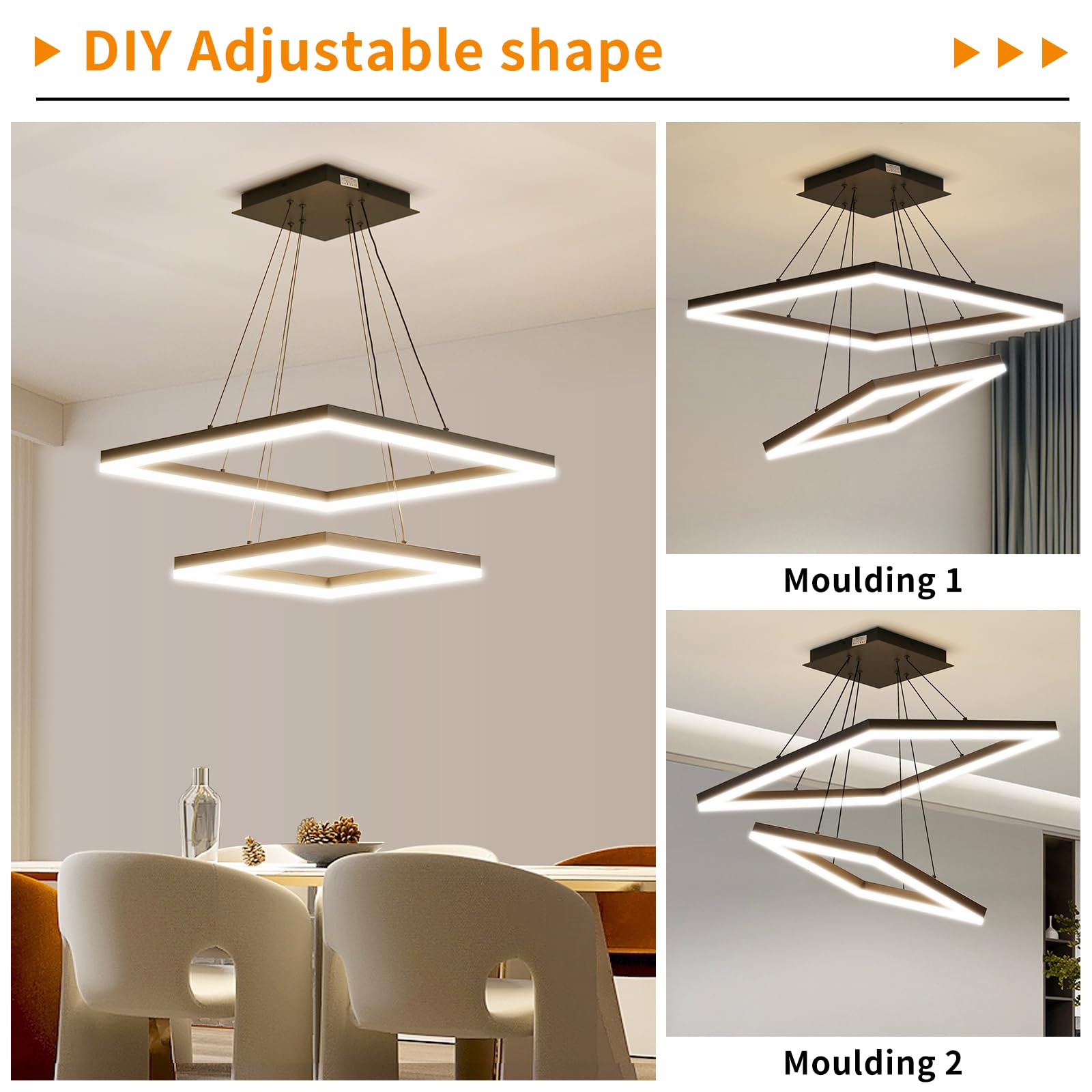 Matven Modern Ceiling Chandelier, Dimmable 3 Color Modes, 15.7+23.6in Black Acrylic Pendant Light Fixture for Kitchen