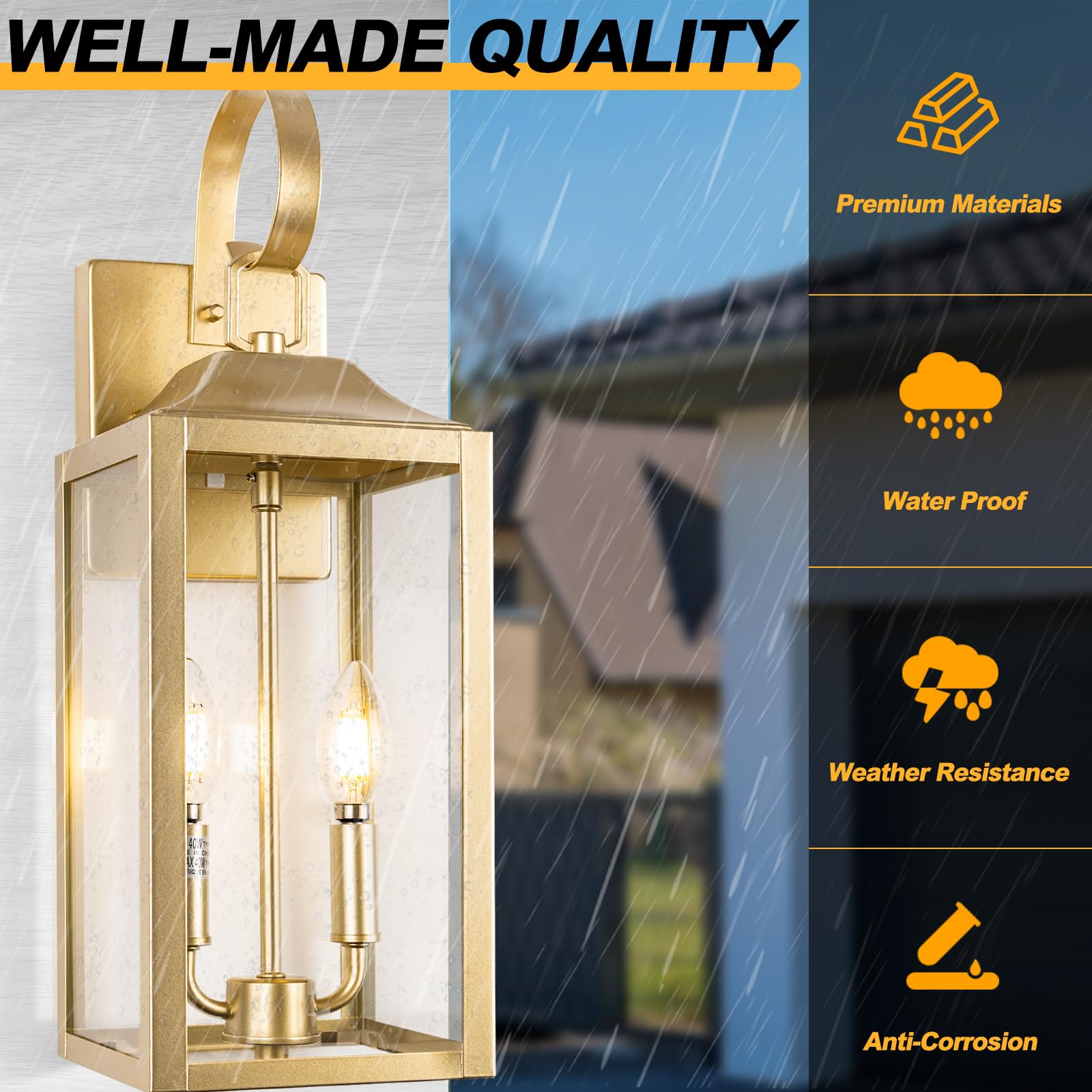 Yolsunes 19'' Gold Outdoor Wall Lantern 2-Light, Large Modern Wall Sconce Light Fixture, Industrial Porch Light With Glass, Wate