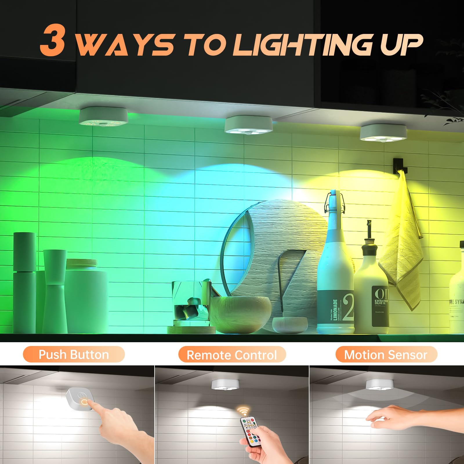 Lightbiz Wireless Step Light - RGB Motion Sensor Puck Lights, 3 Pack, Rechargeable, Under Cabinet, Colorful, Model C900-3