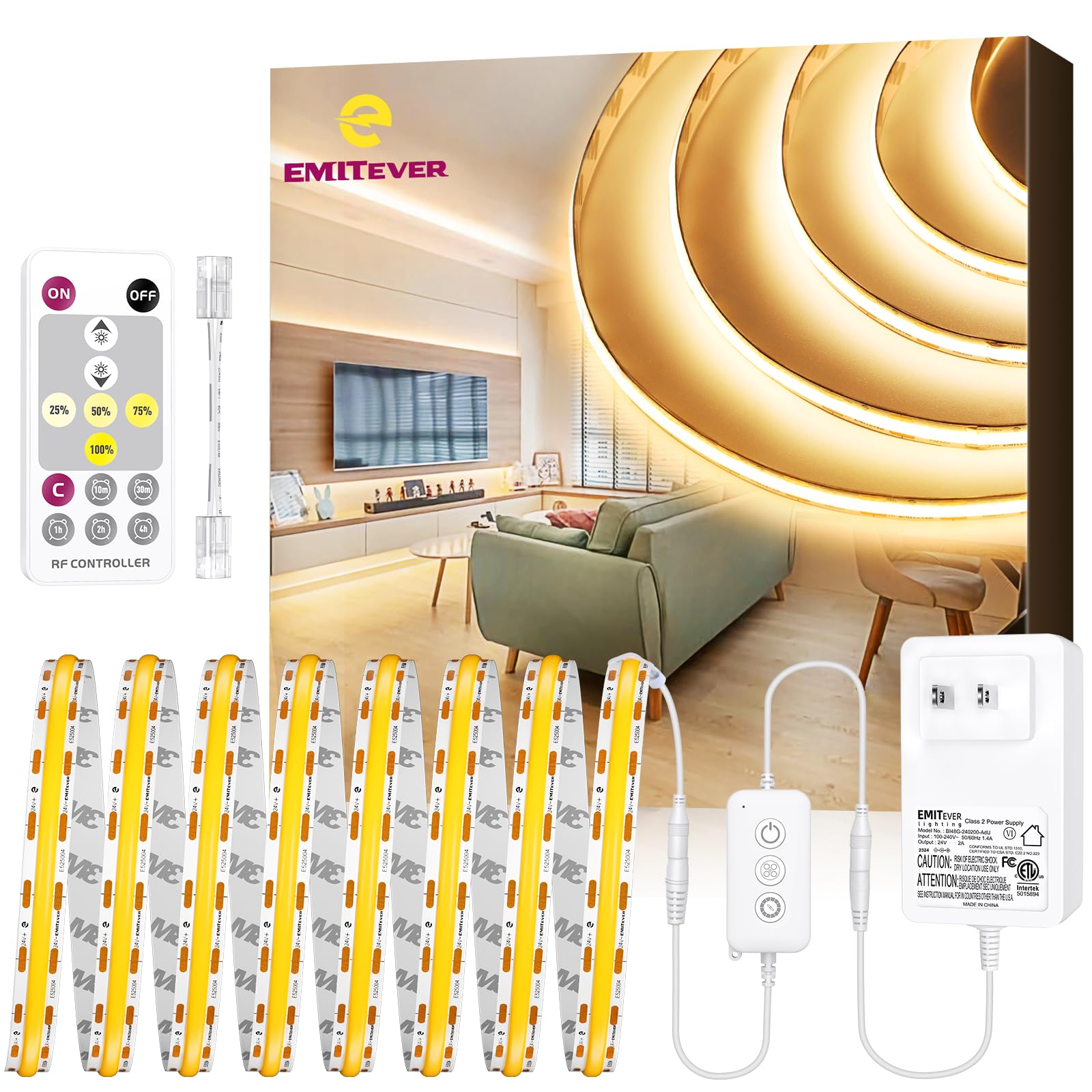 EMITEVER COB LED Strip Lights Kit Warm White with Remote & 24V Power Supply,16.4ft Dimmable Tape Light 3000K, High Density 2400L