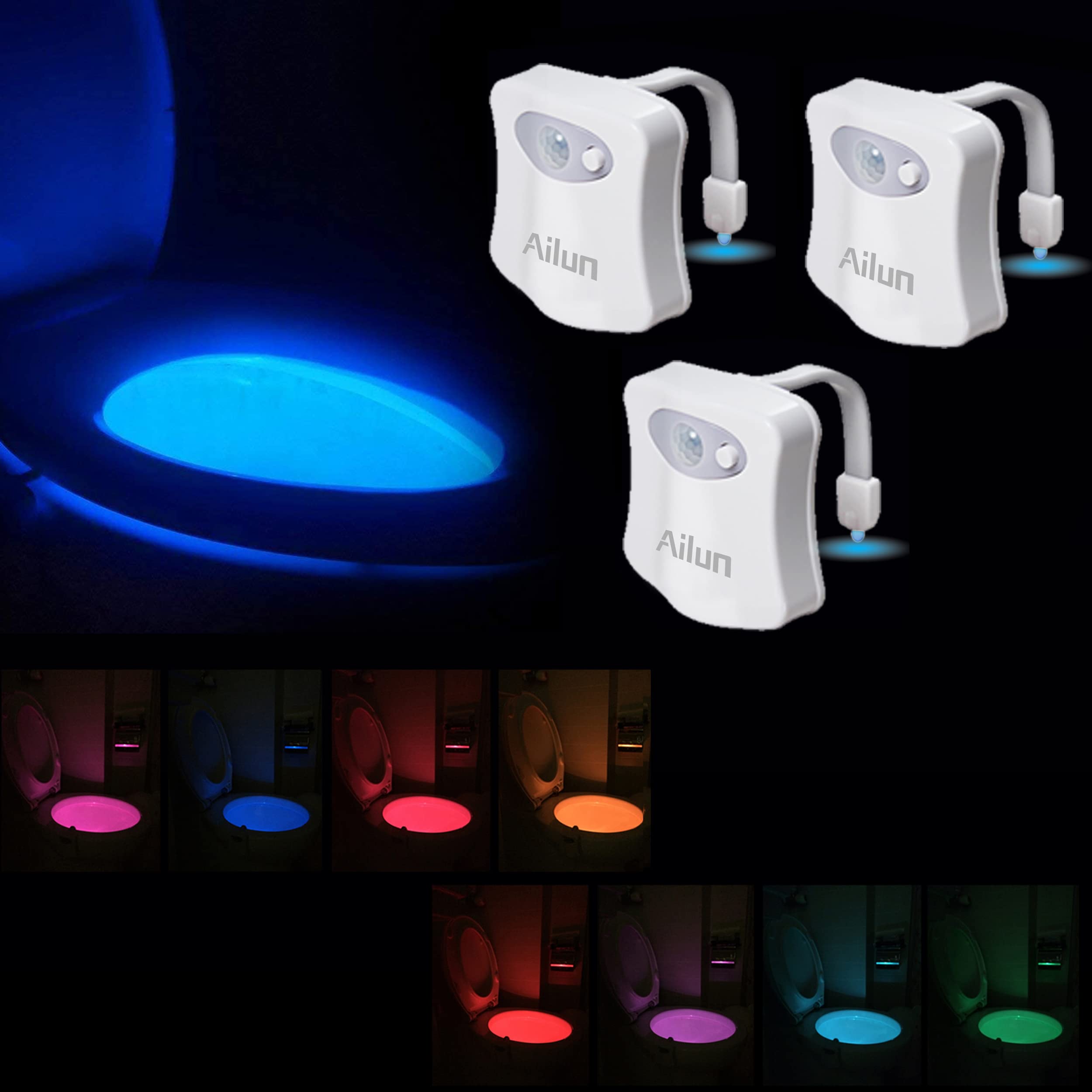 Ailun Toilet Night Light 3-Pack, Motion Activated LED, 8 Colors, White, Model: Ailun_ToiletLight_3Pack_WhiteFBA