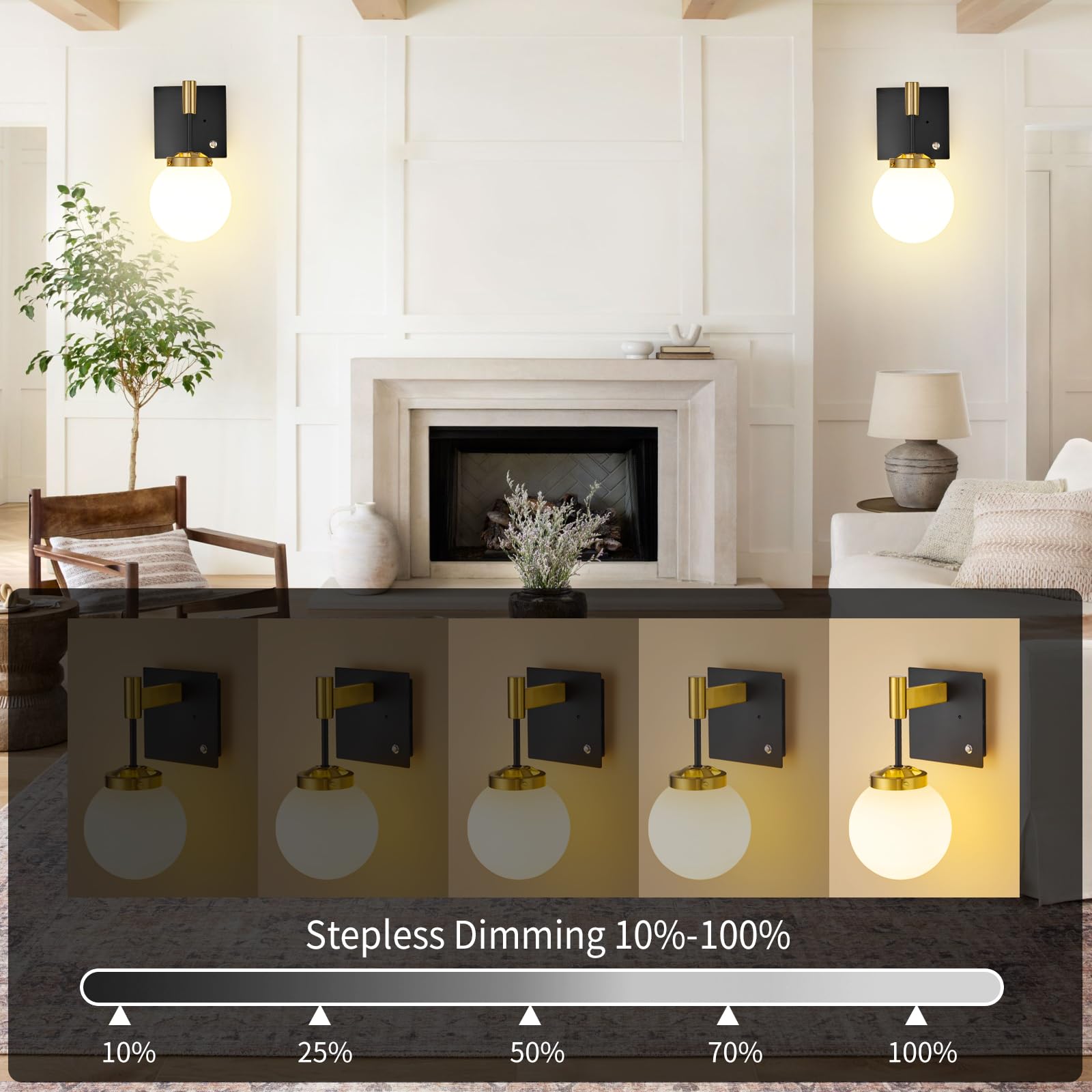 Rayogale Rechargeable Battery Wall Sconce 2 Pack - Wireless, Dimmable, 3 Color Temp, Black Gold with White Lampshade, Model WL-7102-BG-2