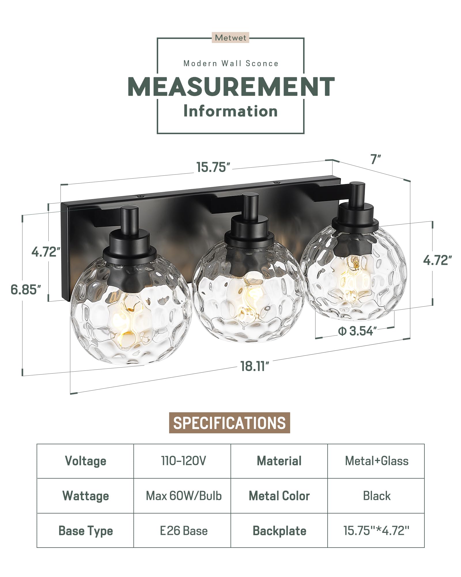 METWET 3-Light Matte Black Bathroom Light Fixtures with Clear Hammered Glass Globe Shade, Model VL200-MB-3