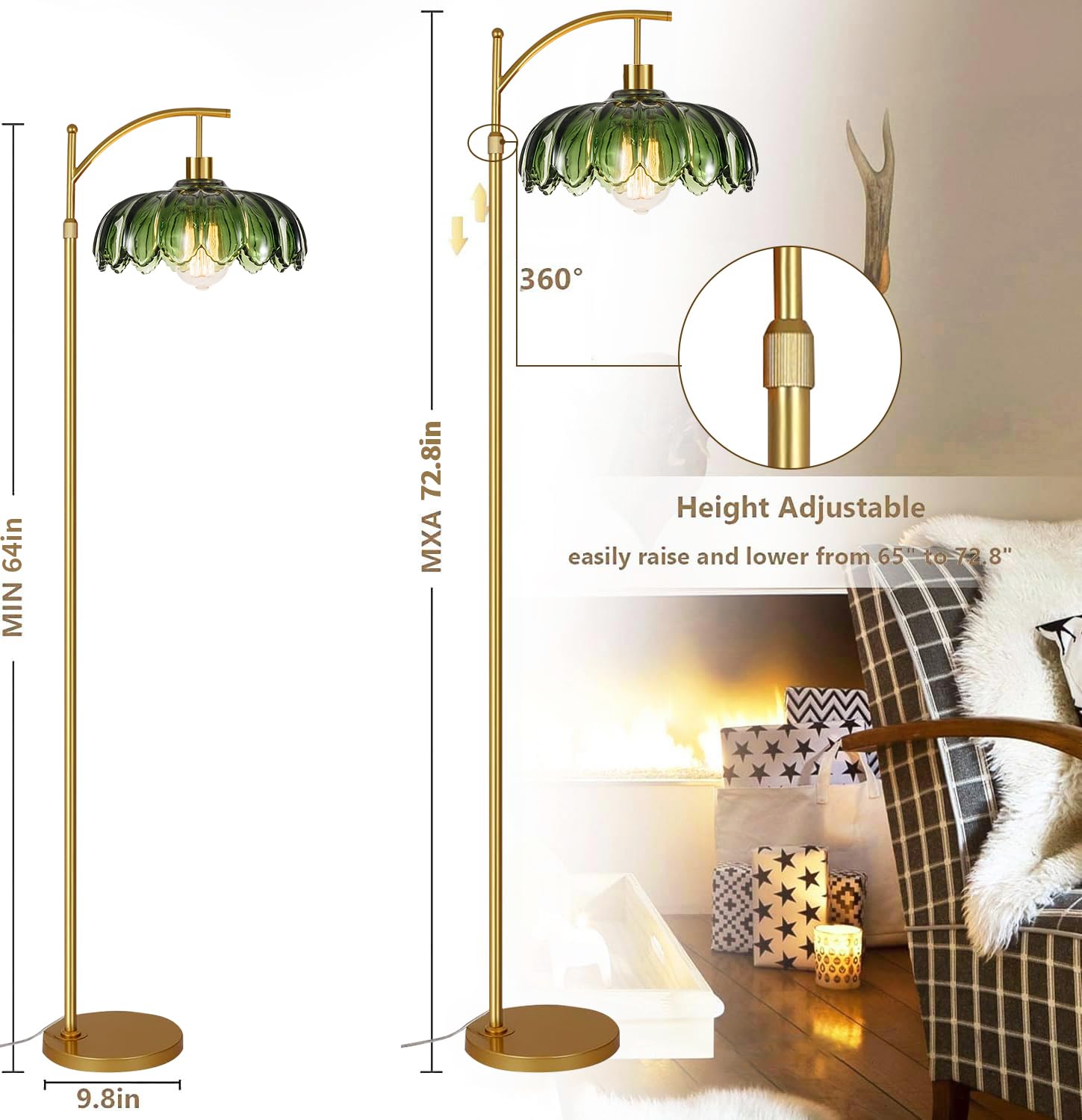 ILLMTW Gold Floor Lamp - Mid Century Modern Dimmable Tall Lamp with Remote, Vintage Green Glass, Bohemian Style, Model SC-JZX-LDD-HYZM