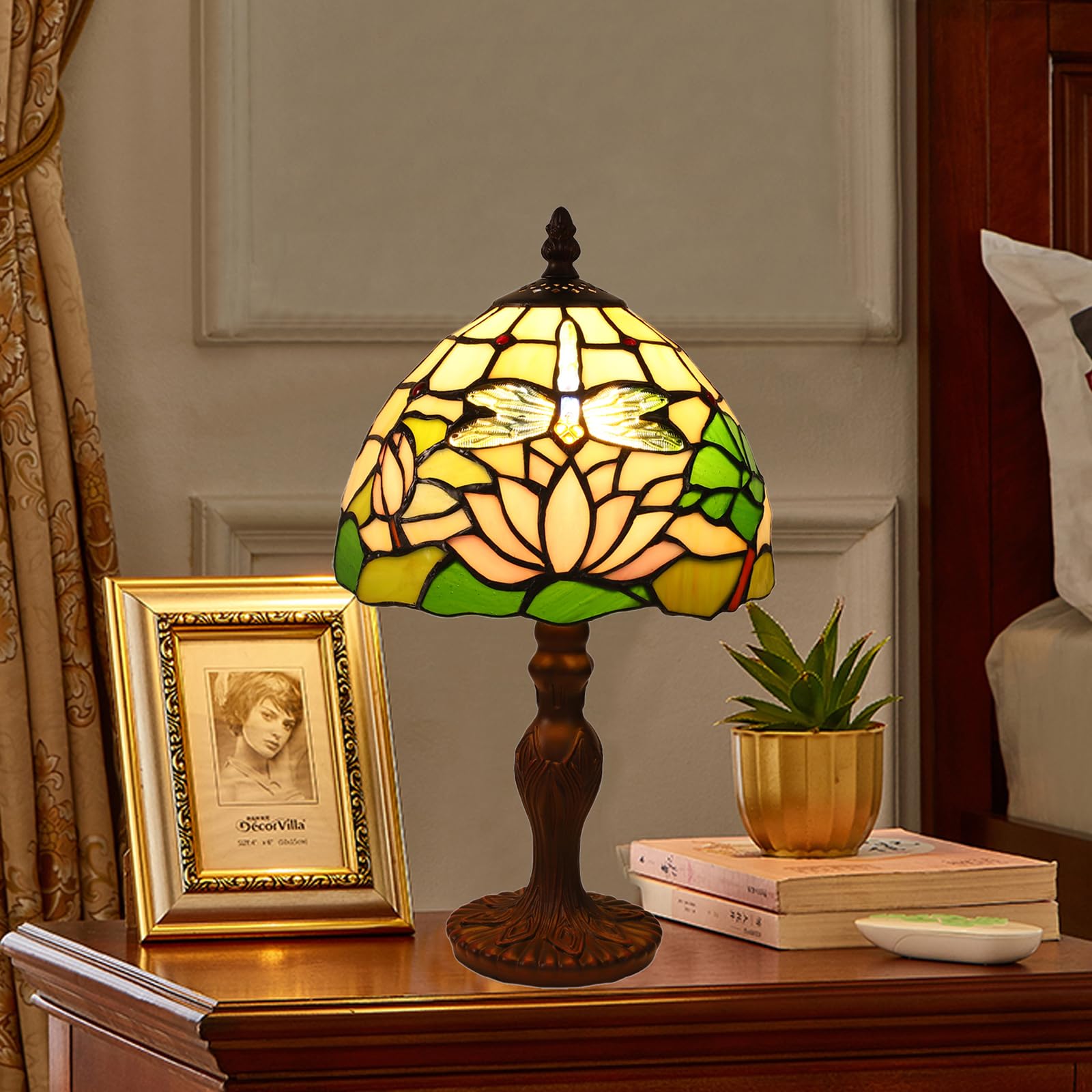 Tuomoxte Tiffany Style Table Lamp, 8 Inch Small Antique Lamp, Stained Glass Lamp, Dragonfly And Flower Pattern, For Bedside Nigh