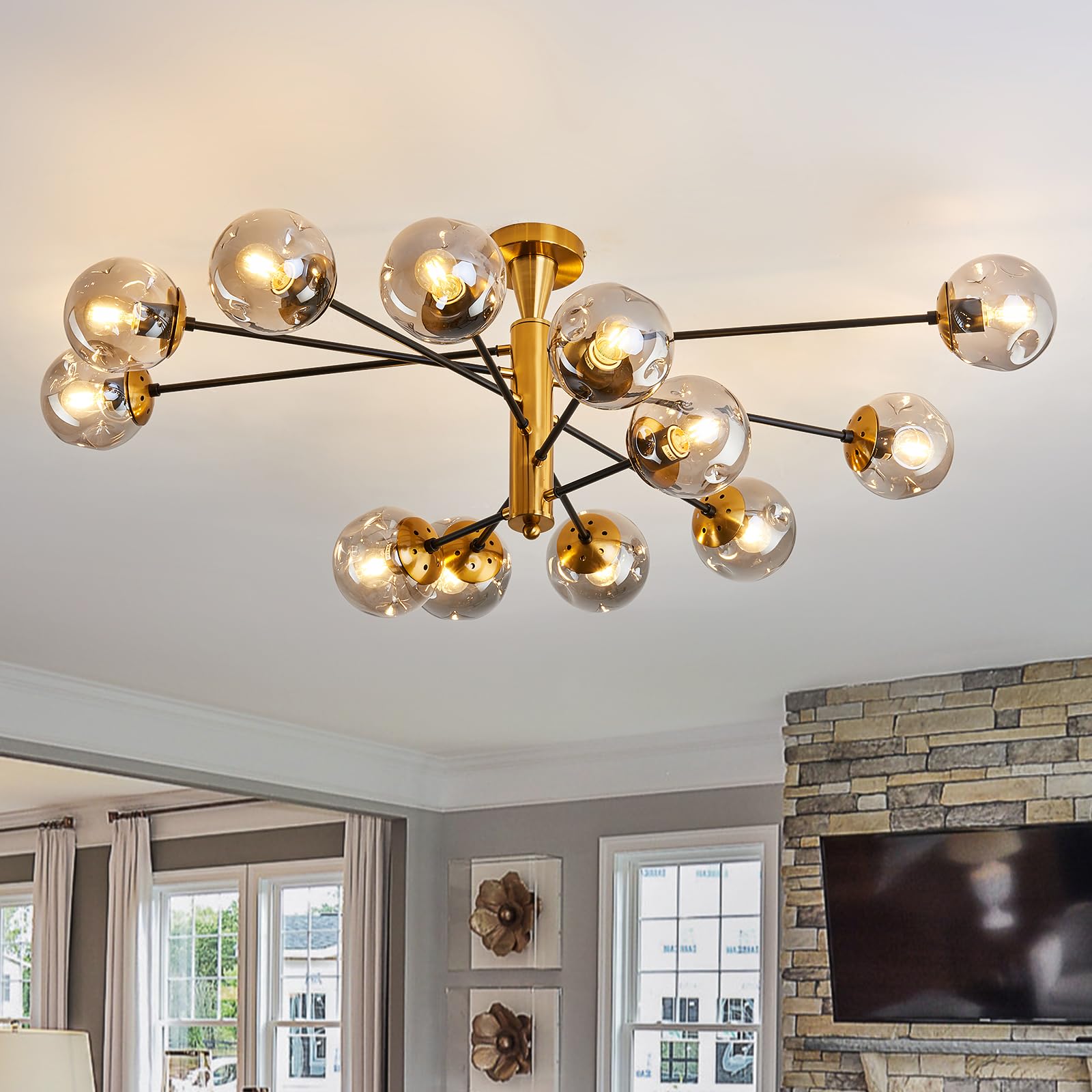 Hesoge Large 12 Light Sputnik Semi Flush Mount Ceiling Light Fixture Gold Mid Century Modern Chandelier With Glass Globe Close To Ceiling Light For Living Room Kitchen Dining Room Bedroom.
