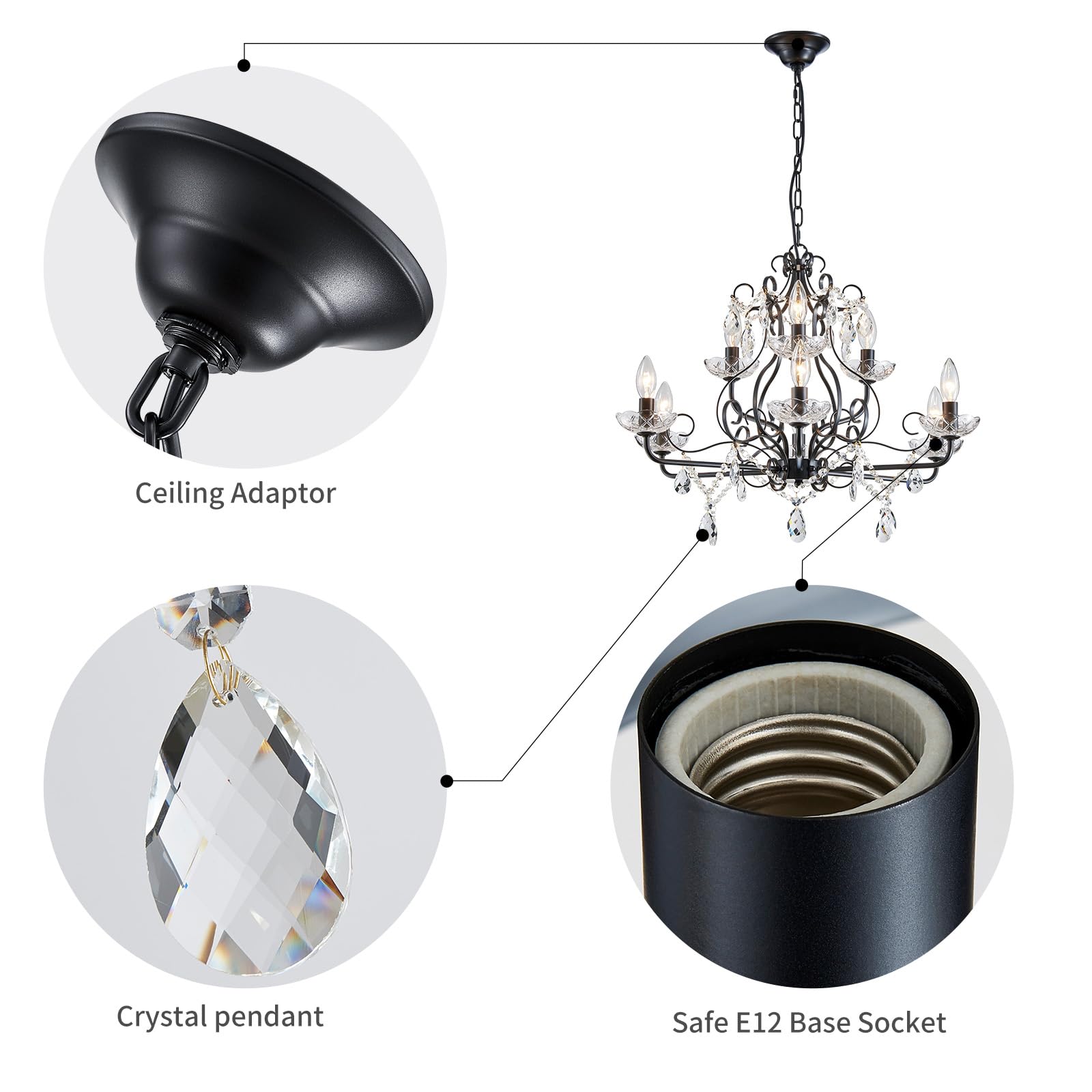 Wuzups 9-Light Crystal Candle Chandelier Pendant Flushmount Ceiling Light Modern Lighting Fixture For Bedroom Hallway Bar Kitchen Bathroom  H 18.1 X W 25.6  Black  E12 Base