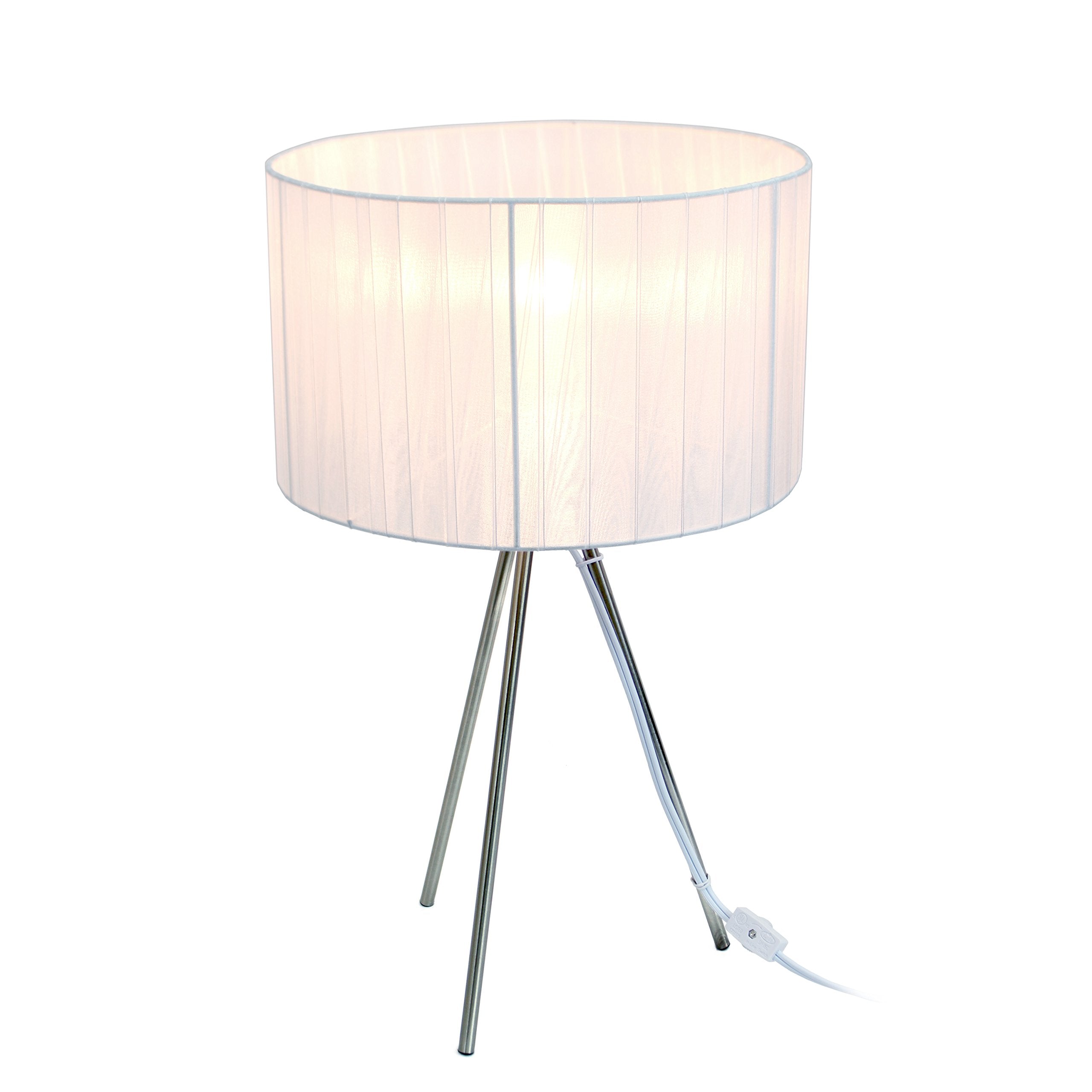 Simple Designs Lt2006-Wht Brushed Nickel Tripod Table Lamp With Pleated Silk Sheer Shade, White