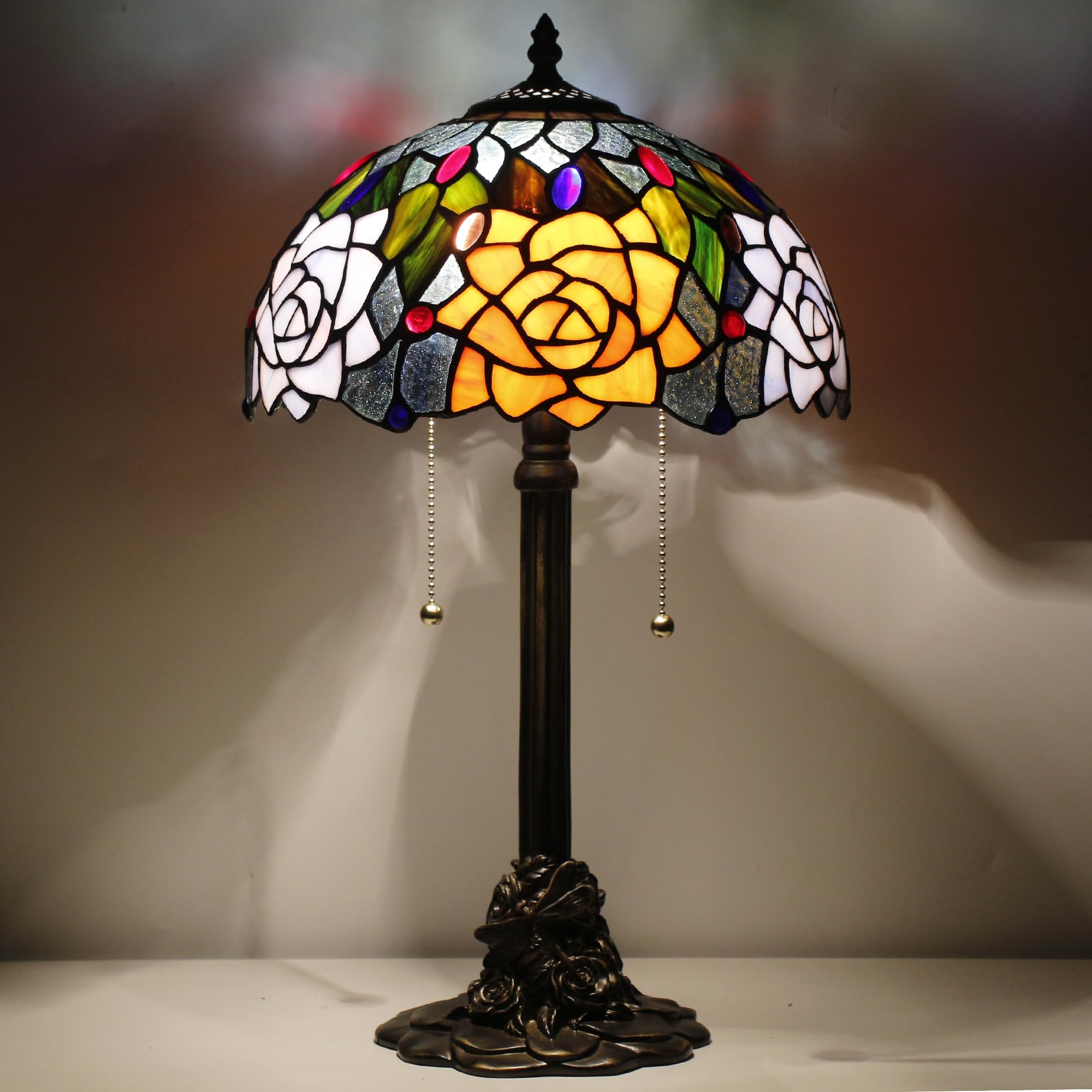 ANYONGLU Tiffany Table Lamp Stained Glass Desk Lamp 12X12X21Inch Resin Base for Bedroom Living Room Reading Light (Purple Orange