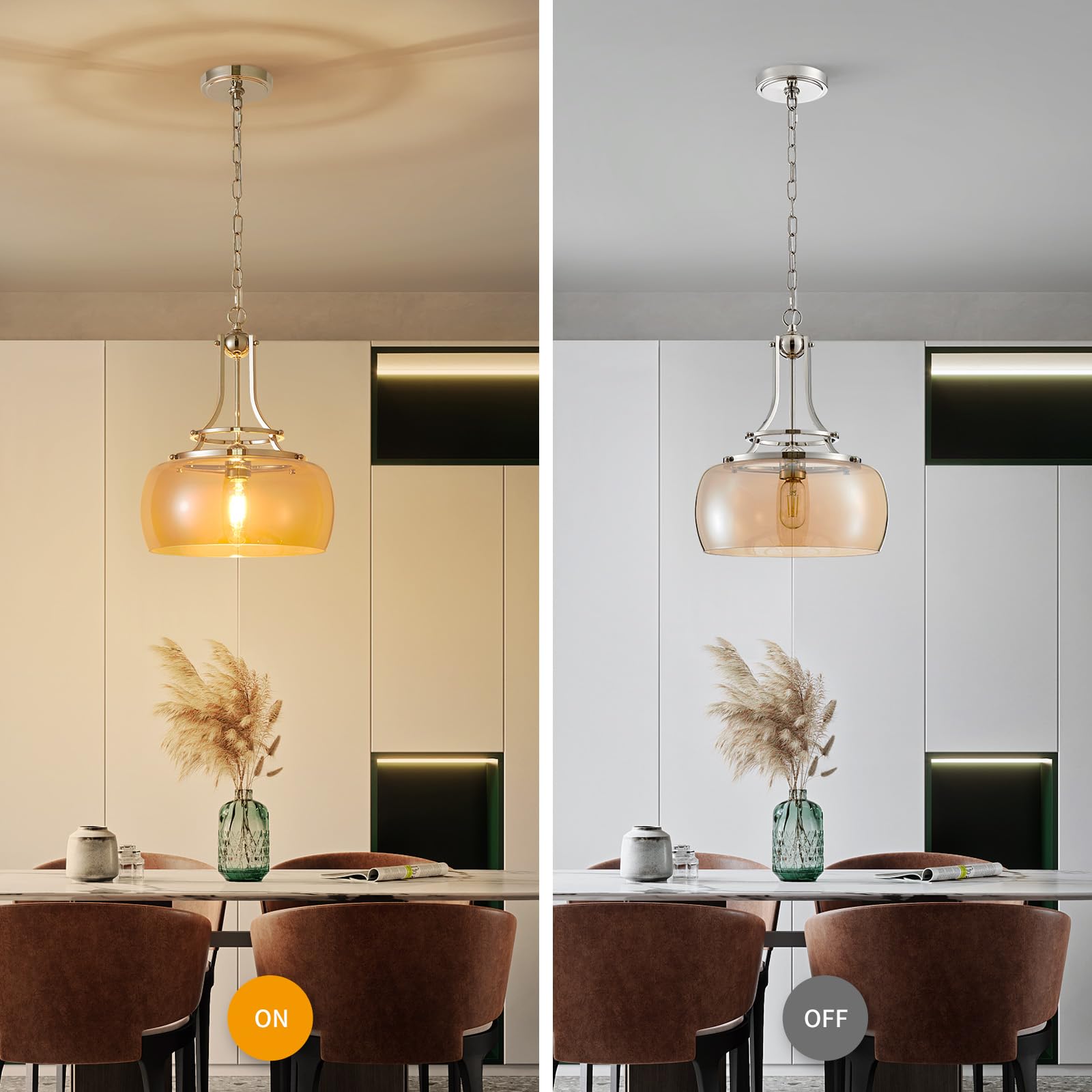 WUZUPS Nickel Chandelier Pendant Light, Amber Glass Shade, H 17" W 13.4", Industrial Rustic Design for Dining Room, Model USHD9607AR