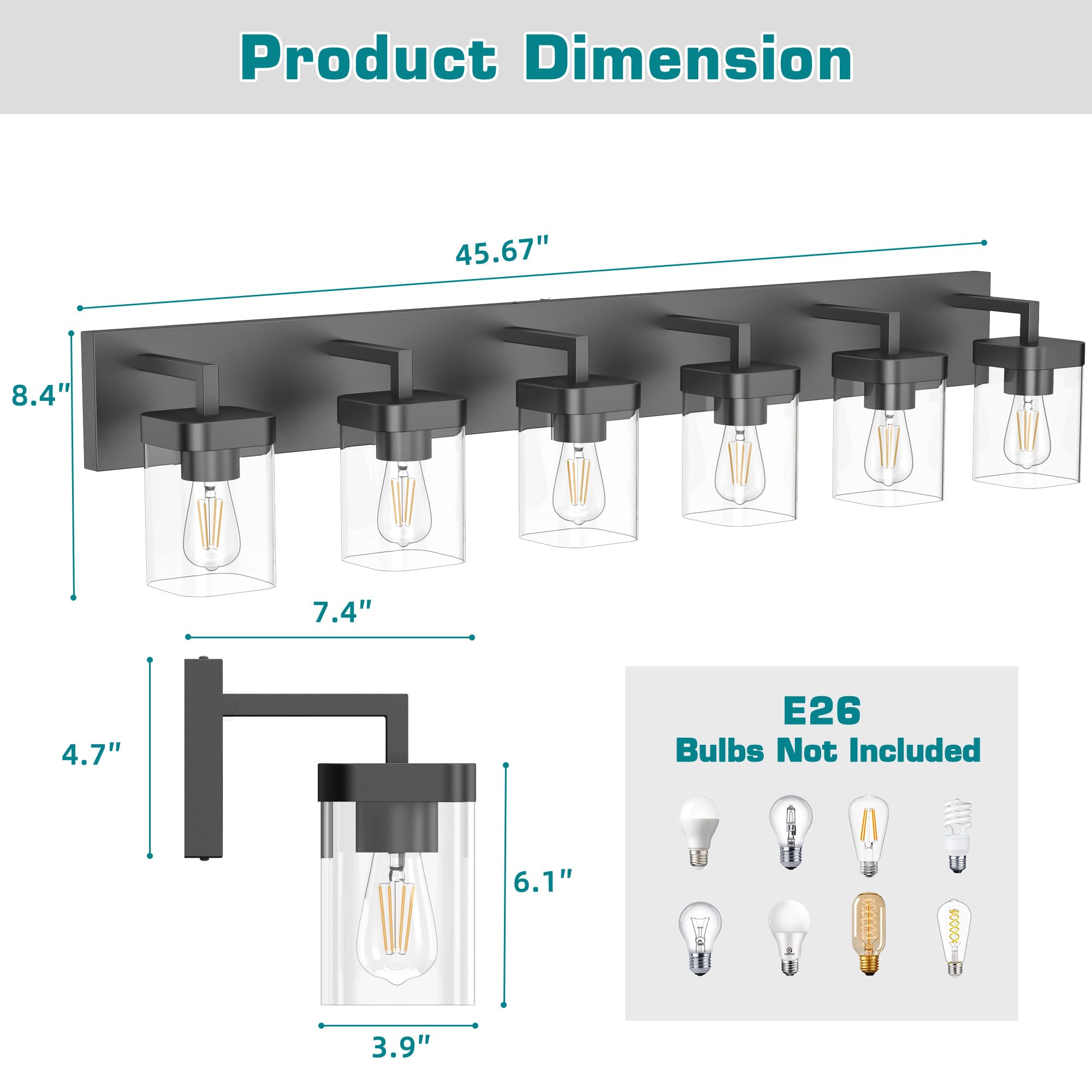 Danshinro Bathroom Vanity Light, 6-Light Square Design, Metal, Black, Model L23-6-BK