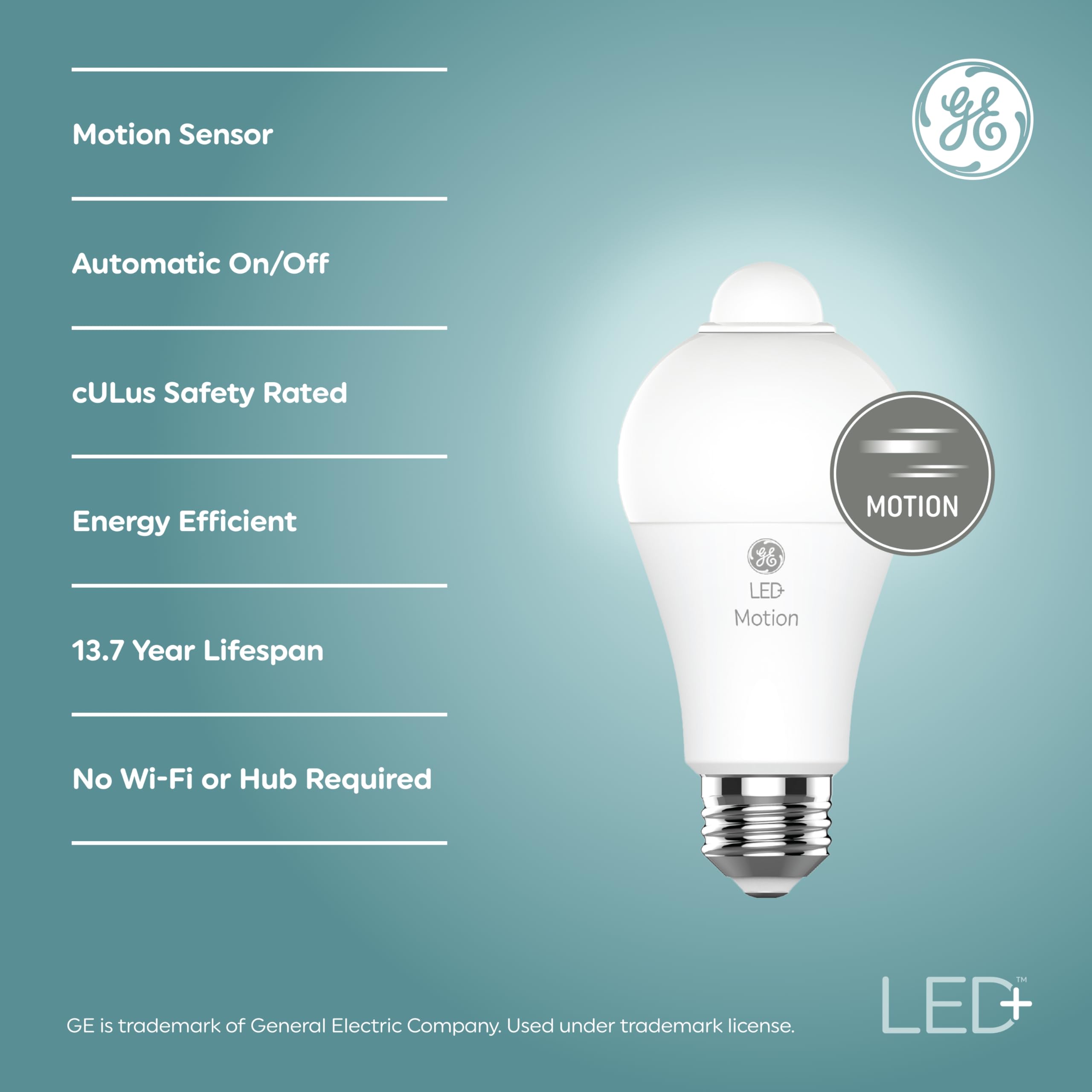 GE LED+ Motion Sensor Light Bulbs, Daylight A21, Pack of 2, Plastic