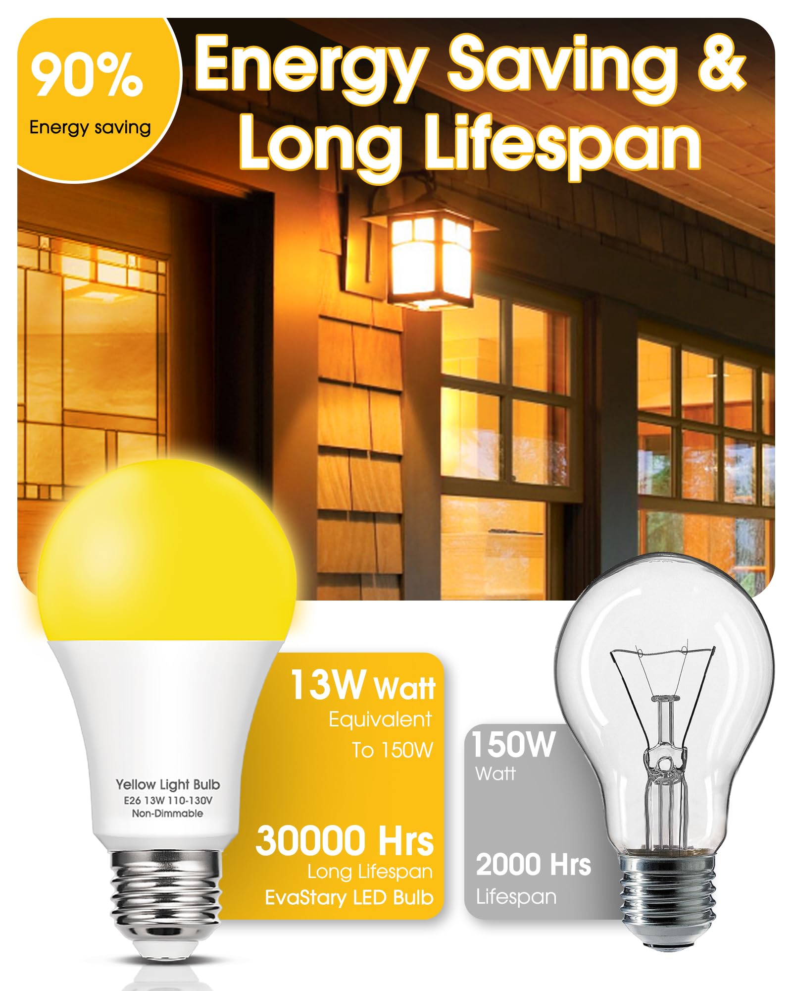 Yellow Bug Light Bulbs Outdoor, 150W Equivalent A19 Yellow Bug Lights For Outside, 13W High Brightness 1800K For Porch Lights, N
