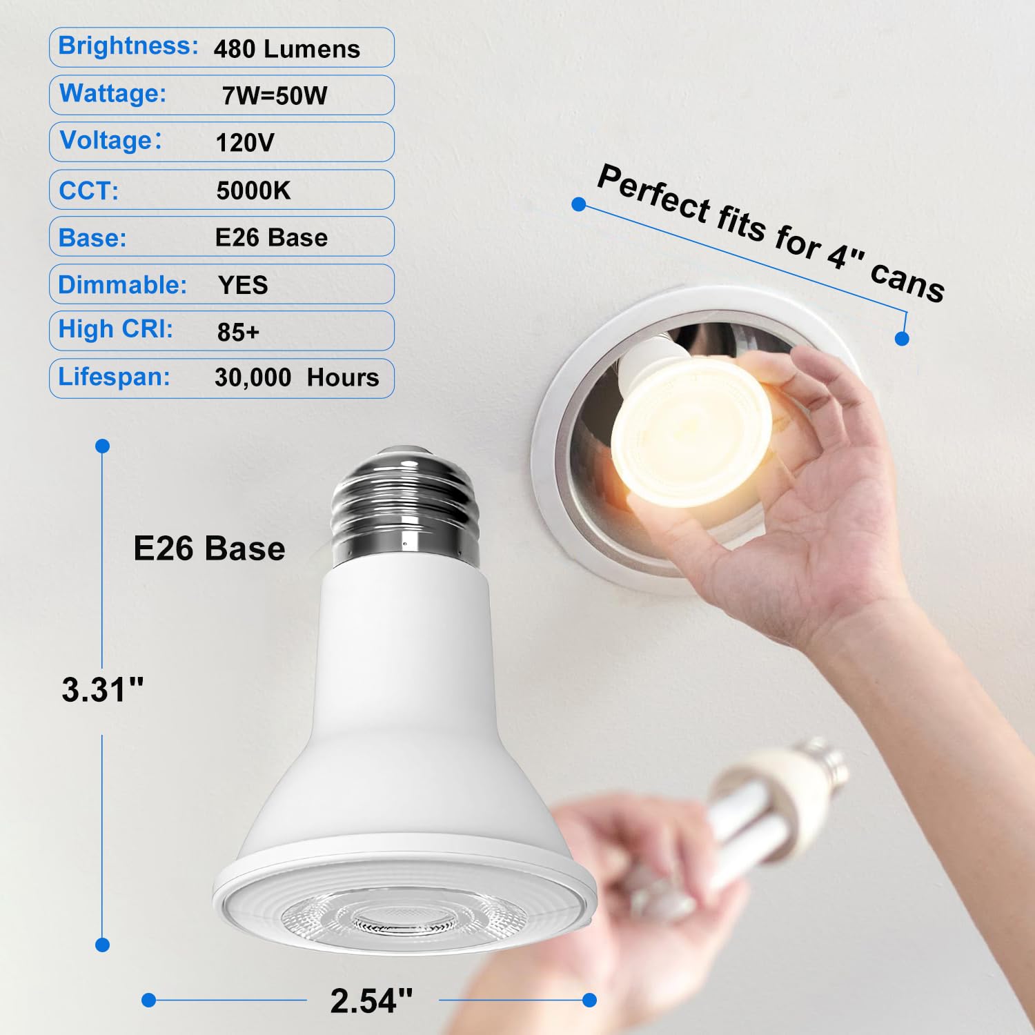 Ivyemons Par20 Led Bulb 5000K Daylight White, 6Pcs Super Bright 480Lm Par20 Dimmable Led Bulbs 7W, Equivalent 50W, No Flicker, E