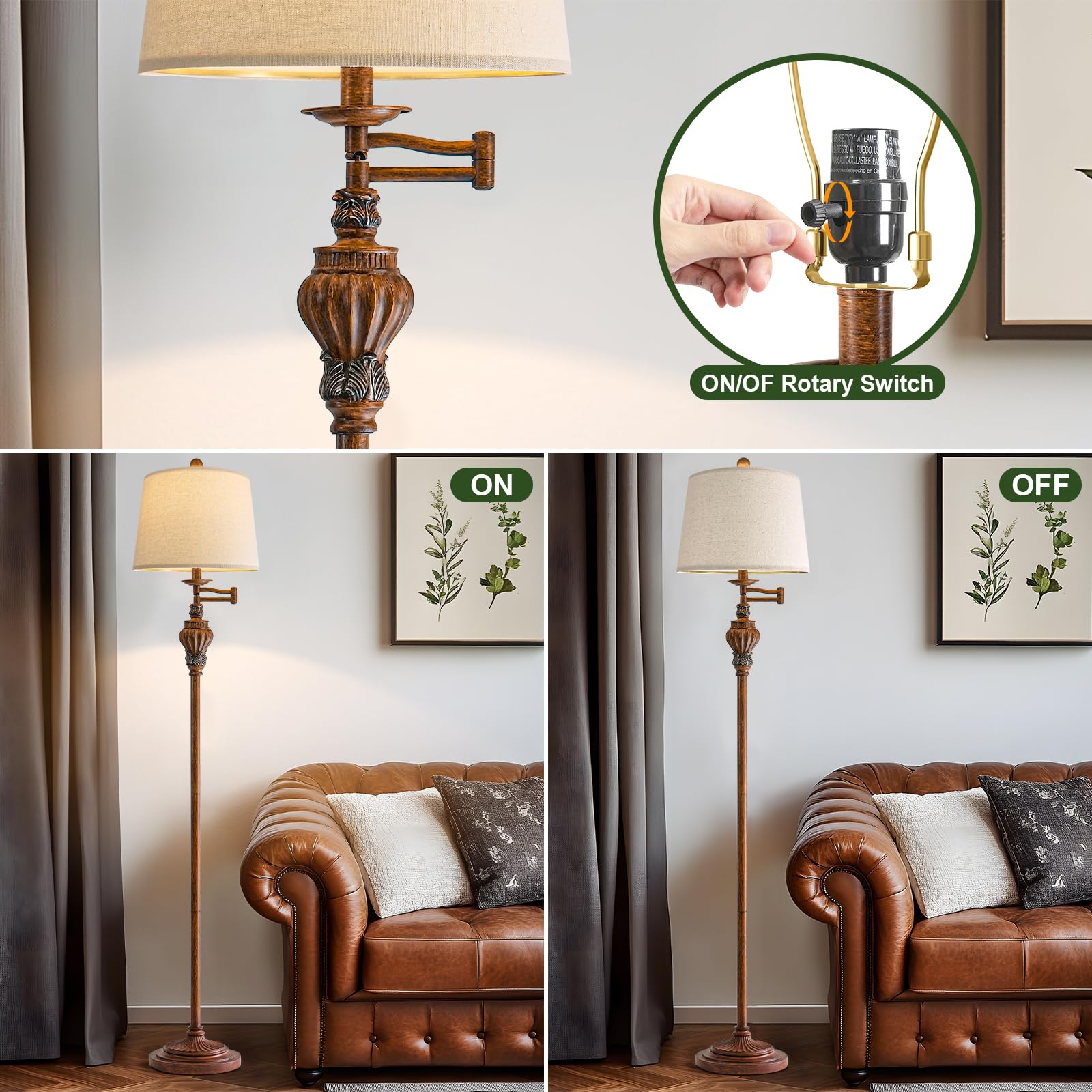 G-Safava 61  Vintage Floor Lamp With 350?Adjustable Swing Arm  Standing Lamp For Bedroom Living Room Bedside Tall Lamp Nightstand Retro Farmhouse Mid Century Lamp Light Home D?Or Office Gifts