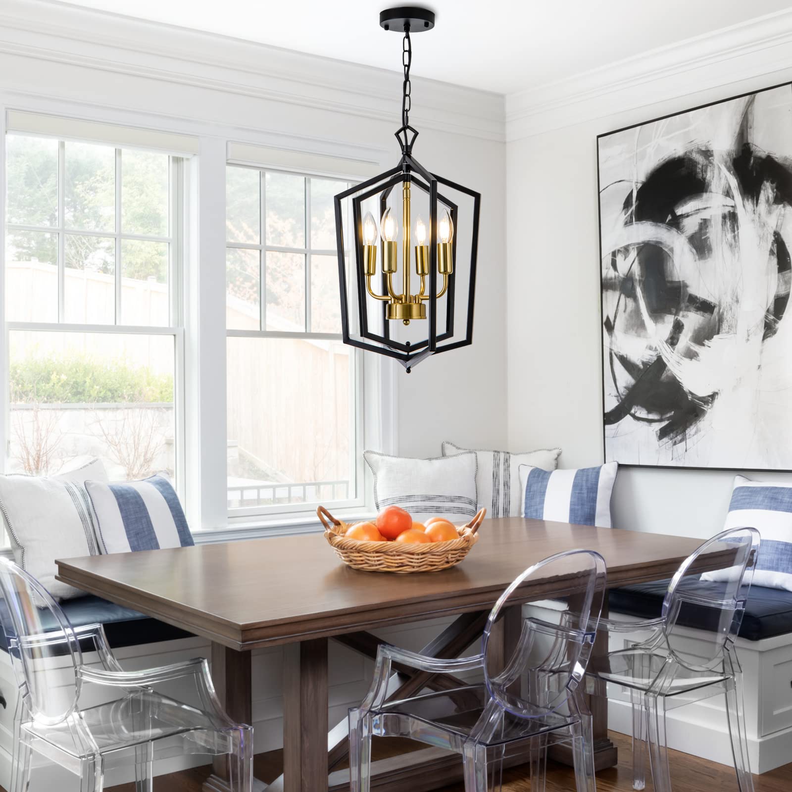 Lanhall 4-Light Metal Chandelier Pendant Light Fixture, Black + Brushed Brass, Modern Design for Dining Room, Kitchen Island, Model 500-100-1037