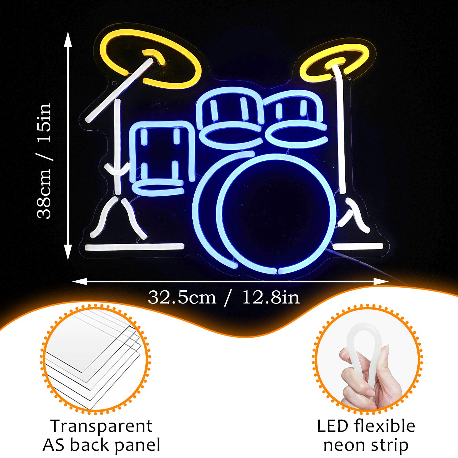 LISIGNVE Drum Kit Neon Sign, USB Powered LED Light, Multi Colored Acrylic Neon Wall Decor for Music Bar and Studio