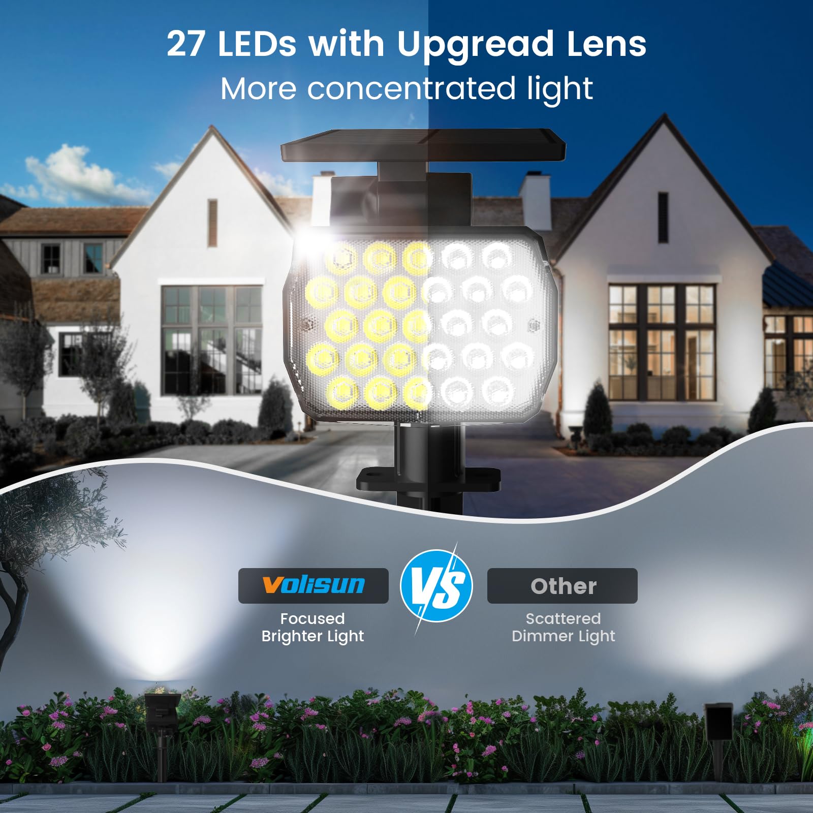 Volisun Solar Spot Lights Outdoor, 27 Led, Ip67 Waterproof, 3 Modes, 6 Pack - Cool White