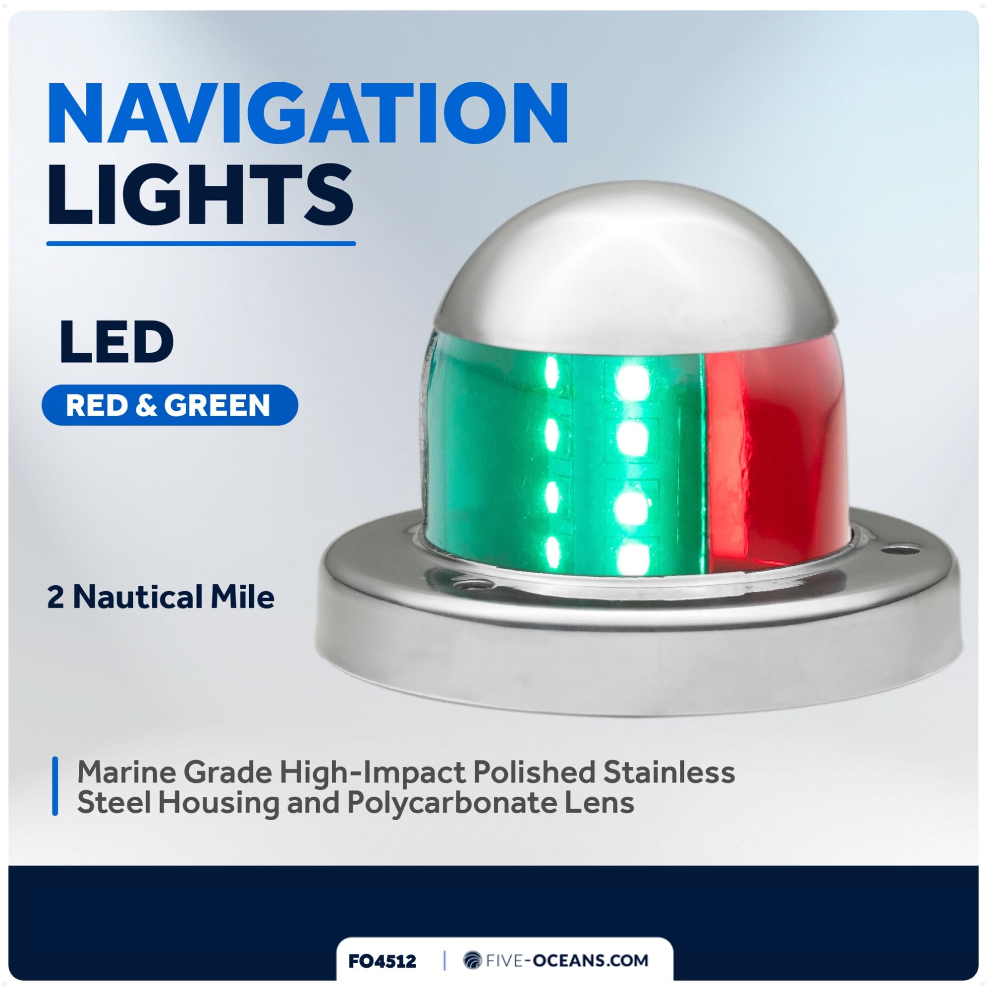 Five Oceans LED Bow Bi-Color Boat Navigation Light, 12V, Stainless Steel, USCG Certified, for Pontoon and Fishing Boats
