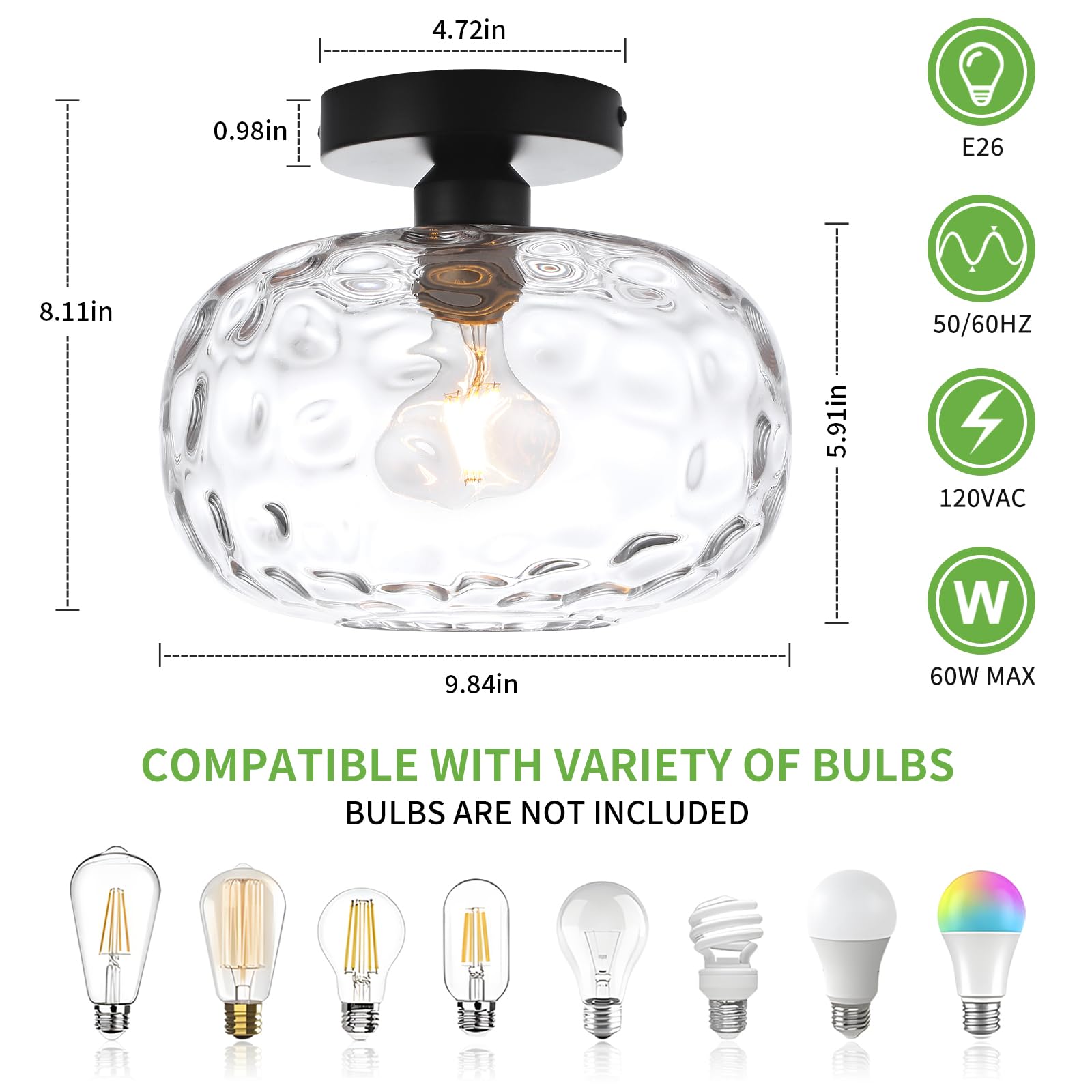 Wilon Industrial Semi Flush Mount Ceiling - 9.84'' Hammered Glass Ceiling Light Fixture Farmhouse Close To Ceiling Lights Black