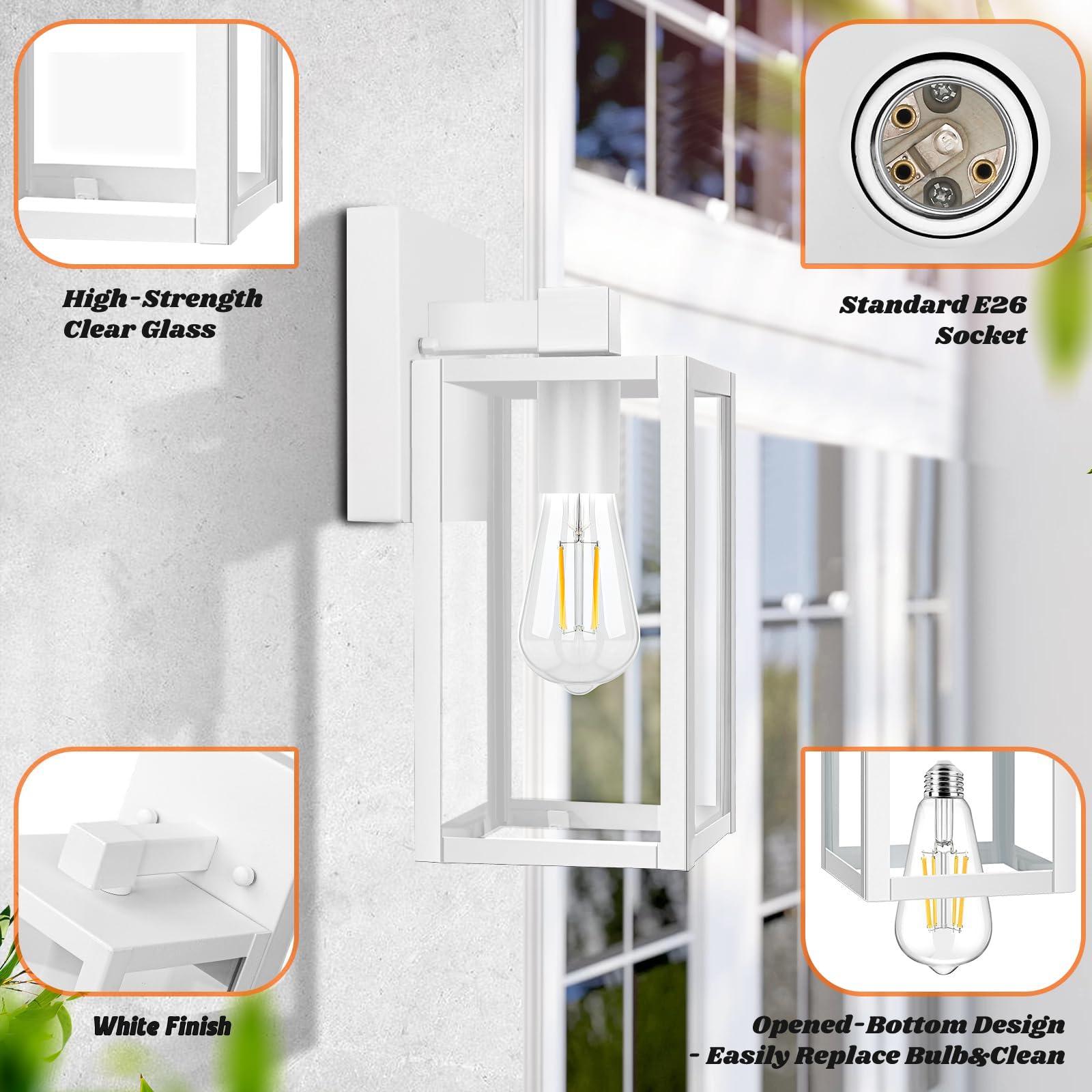 Brightever 2-Pack Outdoor Wall Sconces, Waterproof Exterior Wall Light Fixtures, White Outside Wall Lanterns With Clear Glass Fo