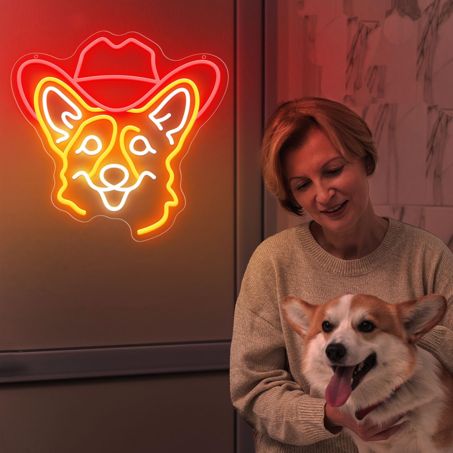 ZLOOREE Corgi Neon Sign, Dimmable LED Light for Wall Decor, 13x12.6 inches, Gold/Red/White, Model ZLOOREE