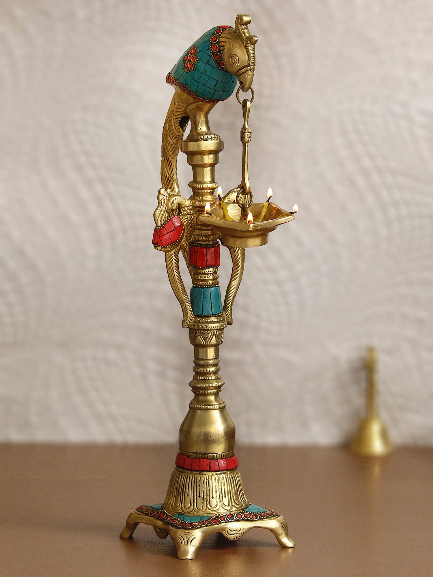 eCraftIndia Handcrafted Parrot Design Decorative Brass Showpiece Diya for 5 Wicks with Colorful Stone Work