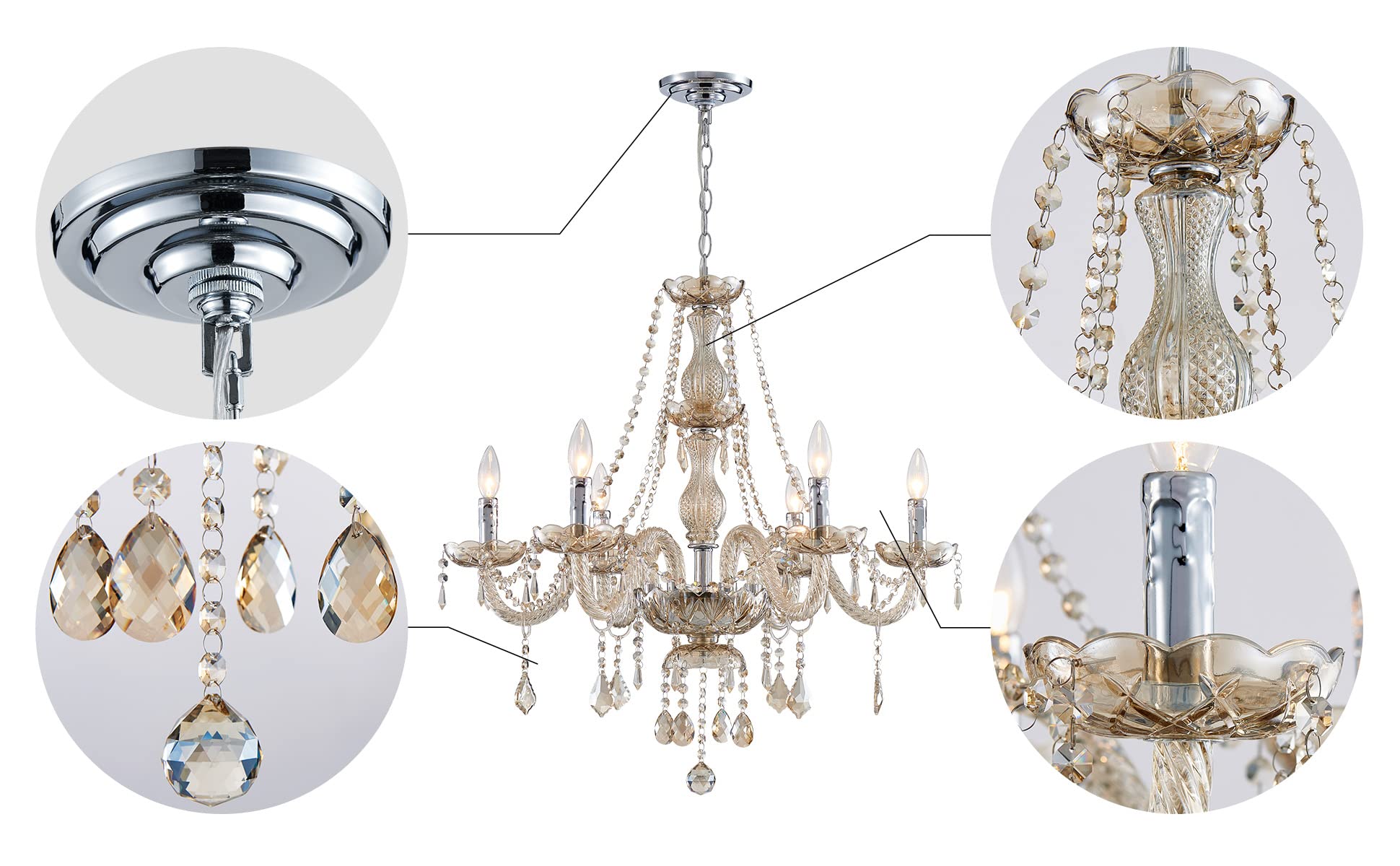 SM Saint Mossi 6-Light Modern K9 Crystal Chandelier, Champagne Ceiling Light for Dining Room, Bathroom, Bedroom, Living Room