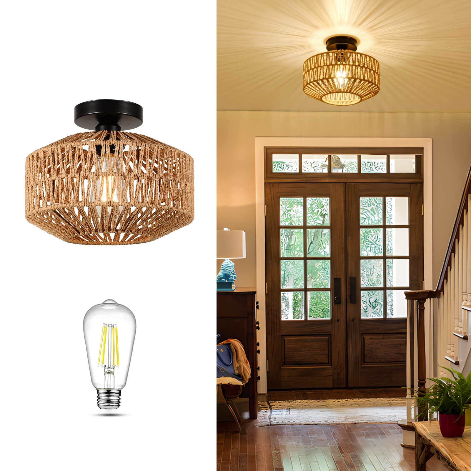 Jobtical Boho Light Fixtures Ceiling Mount,Mini Rattan Chandelier Light Fixture With Dimmable Led Bulb,Hand Woven Ceiling Light