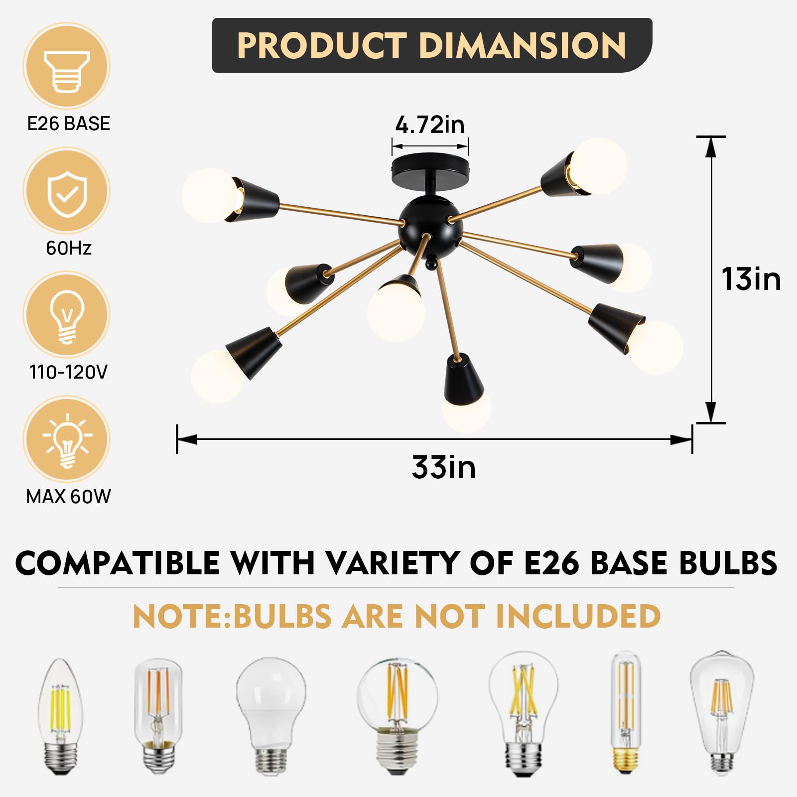 Ymlii Modern Sputnik Chandelier - 8-Lights Farmhouse Ceiling Lights Fixture Black And Gold Semi Flush Mount Ceiling Light For Li