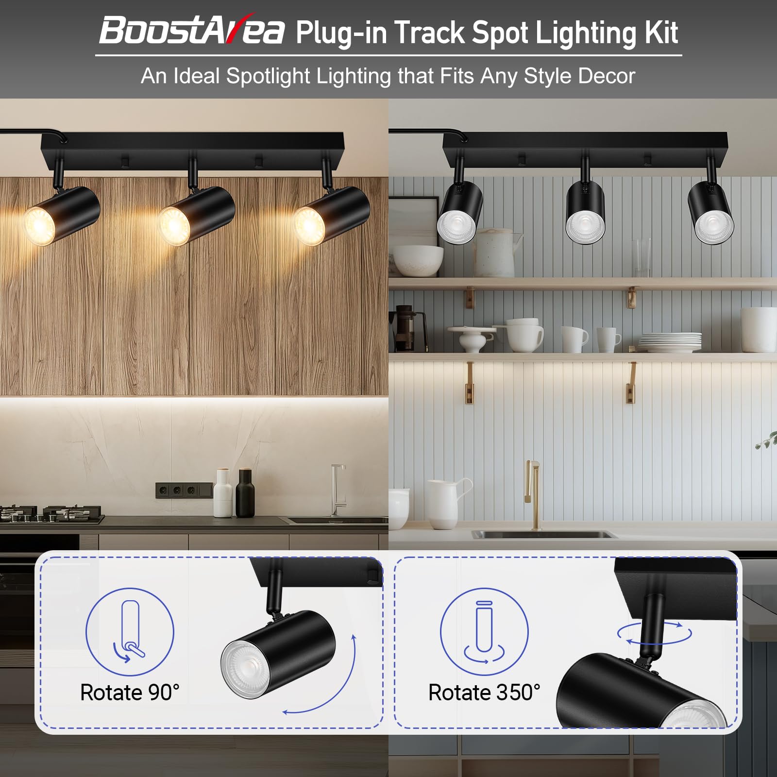 Boostarea Led Track Lighting Ceiling Fixtures, Black 3-Light Plug In Track Lights For Kitchen, 3 Way Ceiling Spotlight, 15 Ft Co