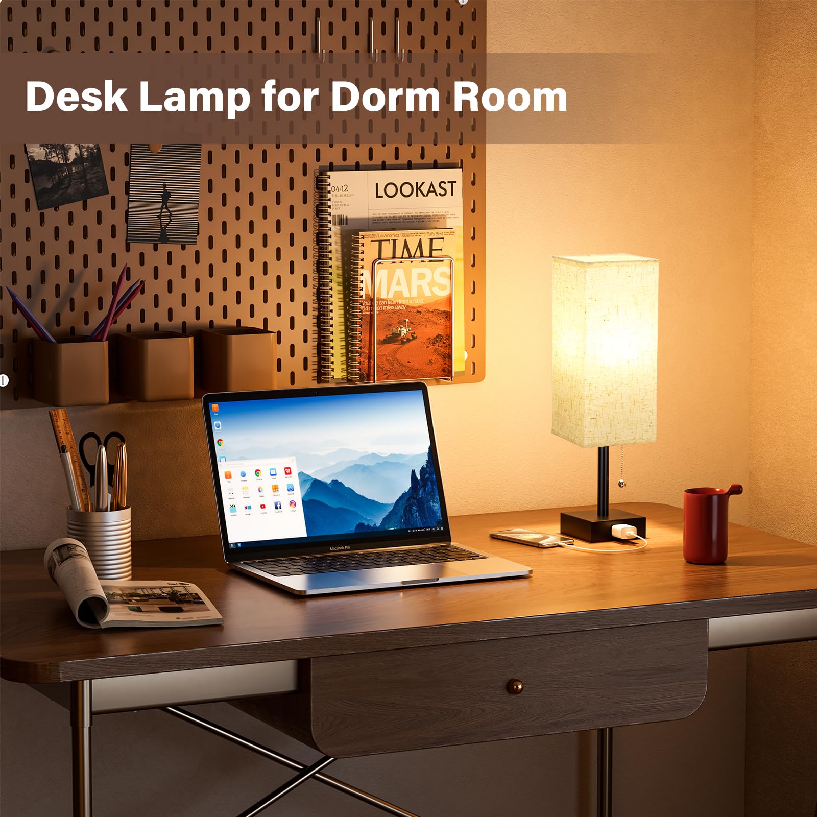 Bedside Table Lamps For Bedroom Set Of 2 - Small Rectangular Nightstand Lamp With Ac Outlet Charging Port, 3 Color Temperatures